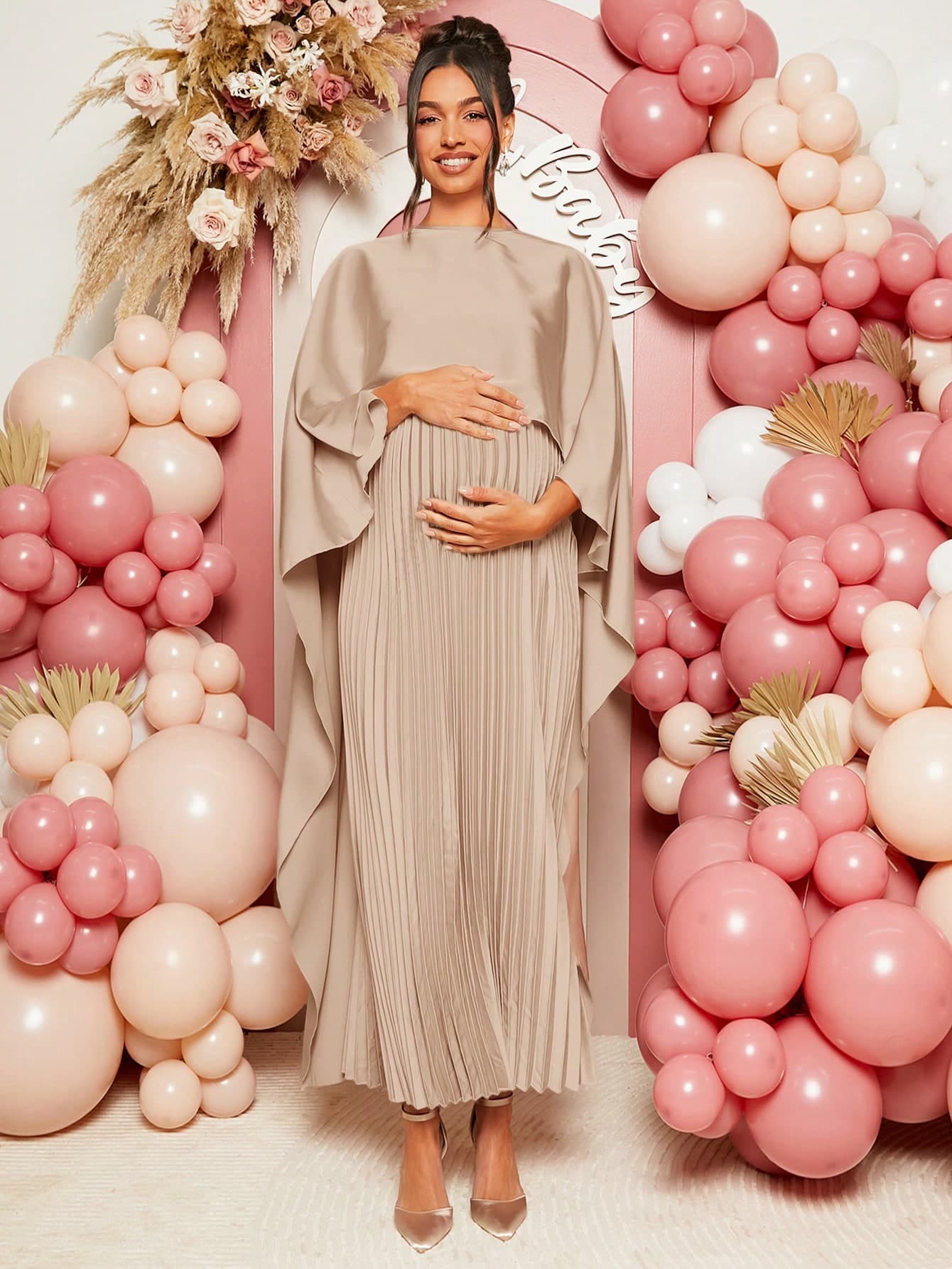 Loomaby Maternity Solid Color Pleated Hem Elegant Shawl Collar Dress, For Baby Shower Fall