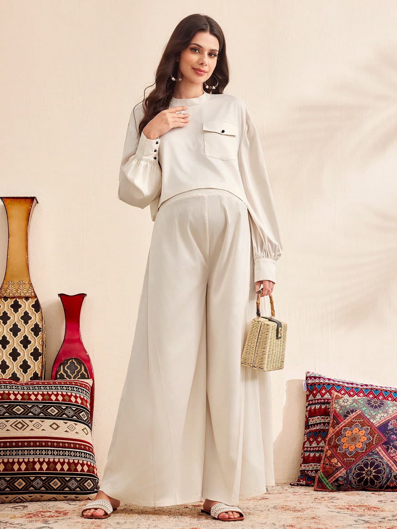 SHEIN 2pcs Maternity Set - Casual Round Neck Long Sleeve Hoodie Top And Loose Pants
