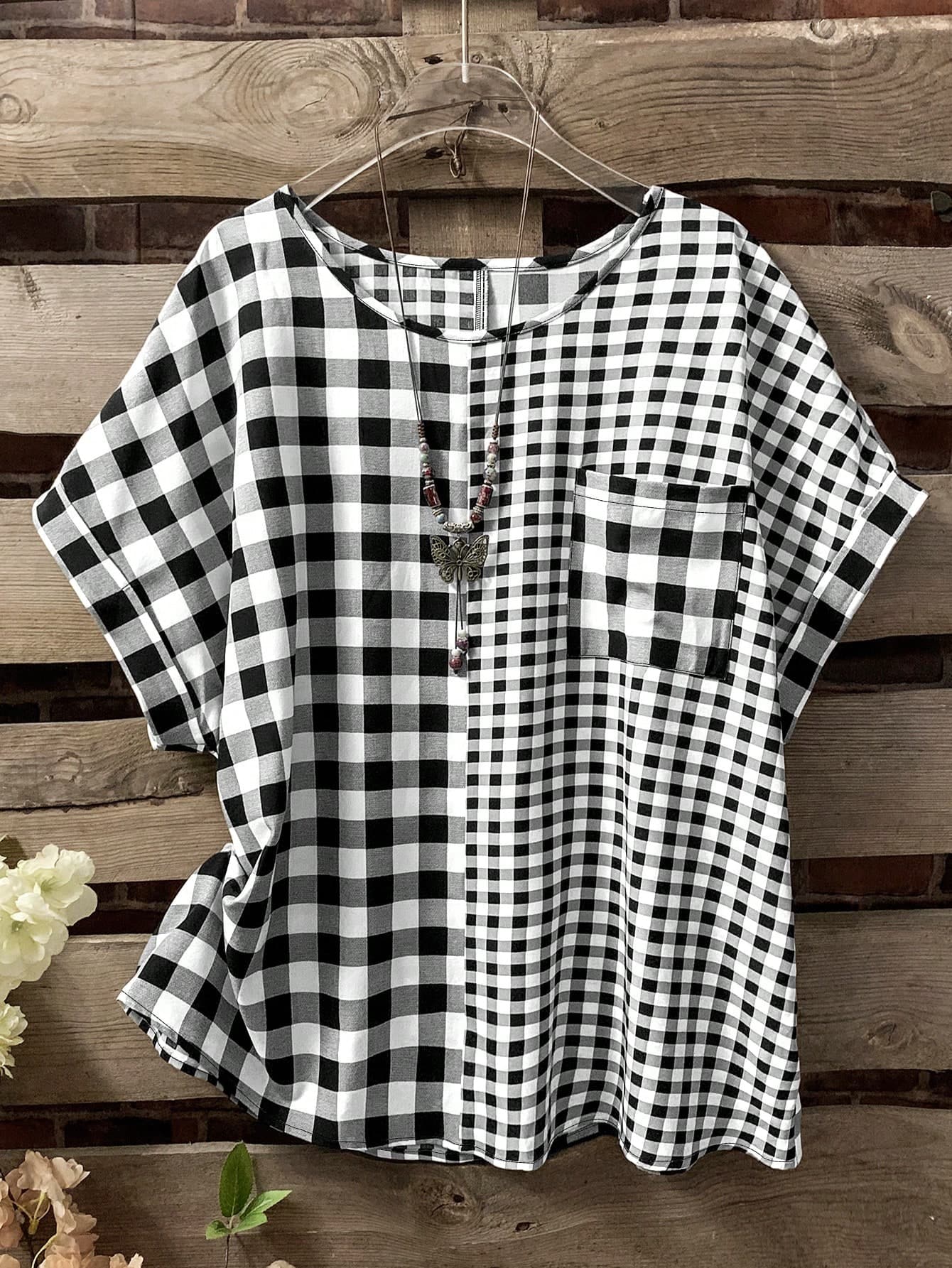 Linhara Plus Size Women Summer Elegant Vintage Plaid Pocket Patched Blouse