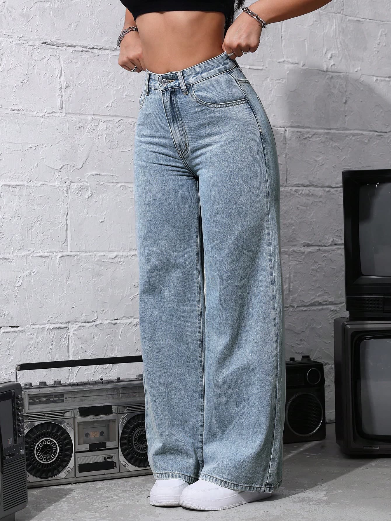 Casual Washed High Waist Straight Leg Jeans