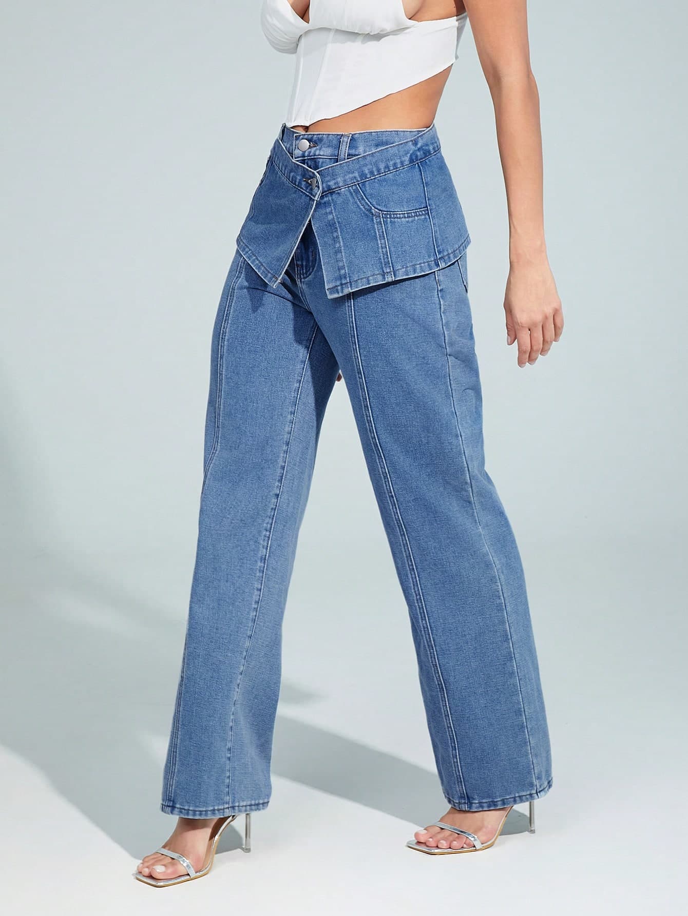 SHEIN Unity Women's Minimalist Front Button Denim Pants, Casual Daily Wear