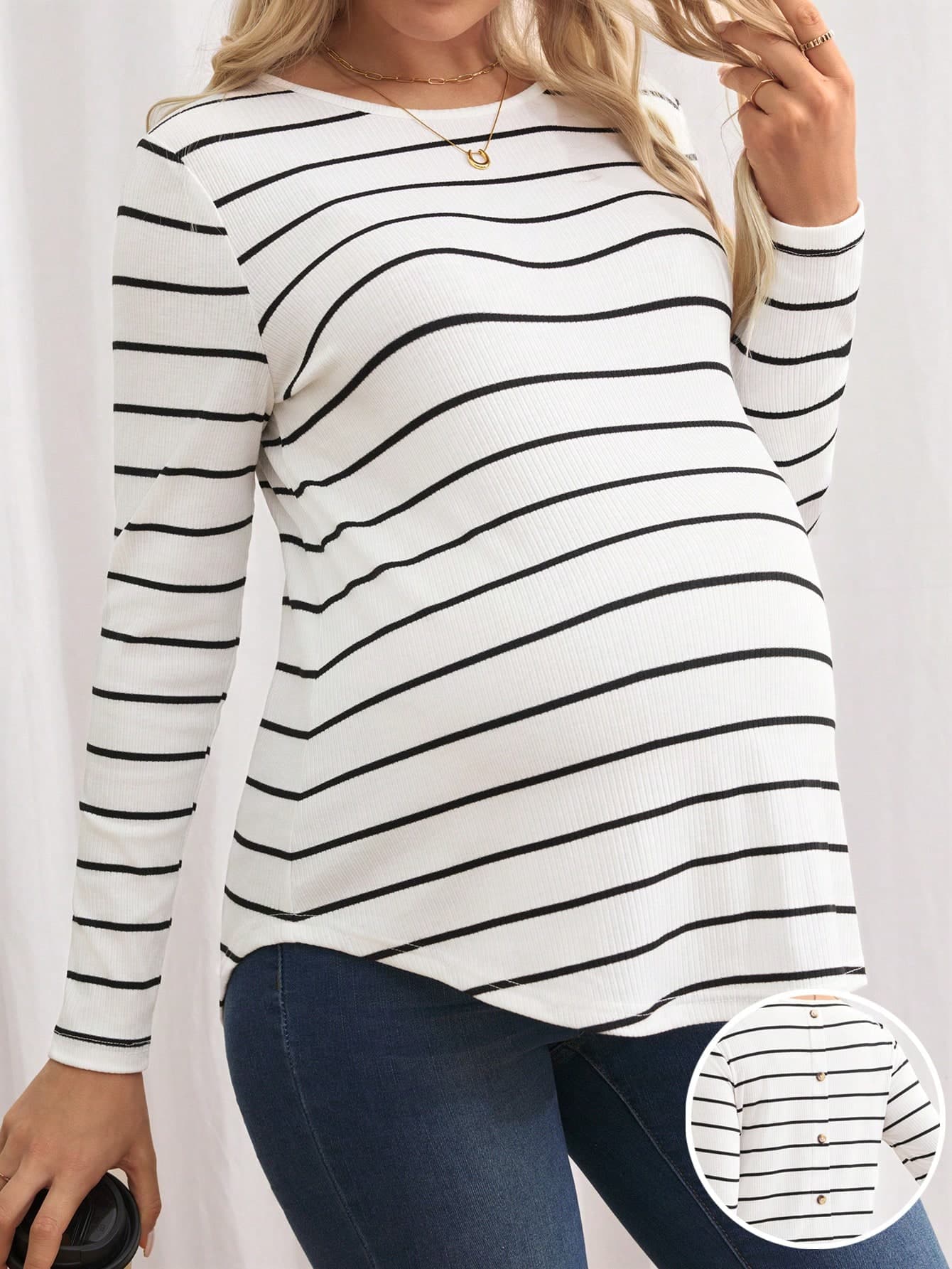 SHEIN Maternity Striped Button Back Long Sleeve Curved Hem Tee World Cup