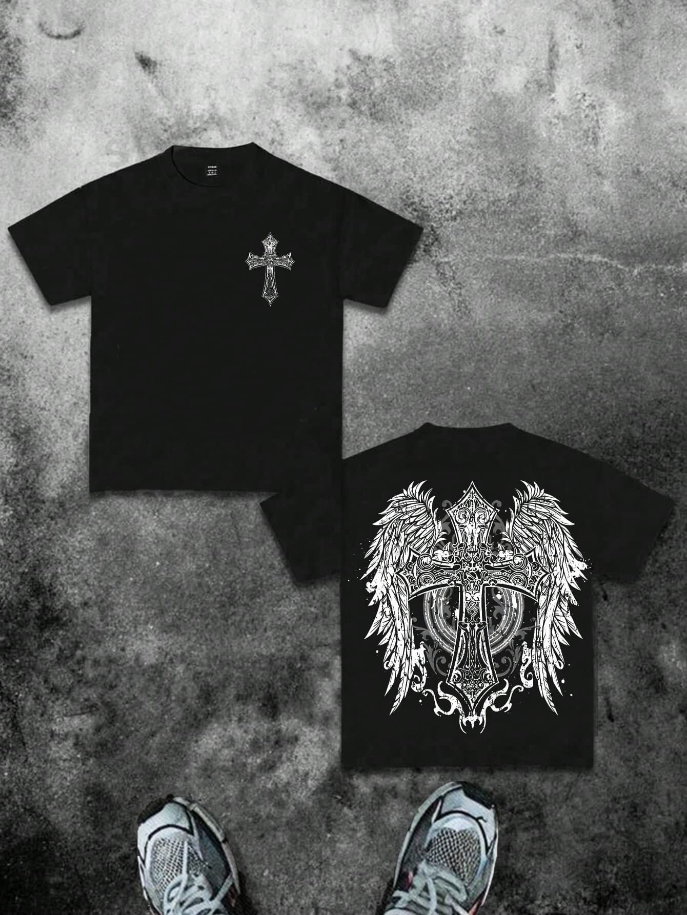 SHEIN Tween Boys Black Summer Goth School T-Shirt,Punk Angel Wings Cross Rose Texture Round Neck Short Sleeve Tee,Personalized Casual Minimalist Handsome