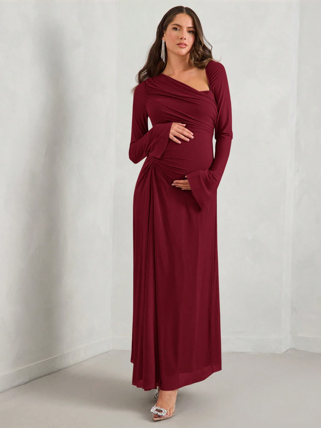 MaterniChic Autumn Women Solid Color Round Neck Flare Sleeve Long Elegant Maternity Dress With Twist-Knot Waist Fall