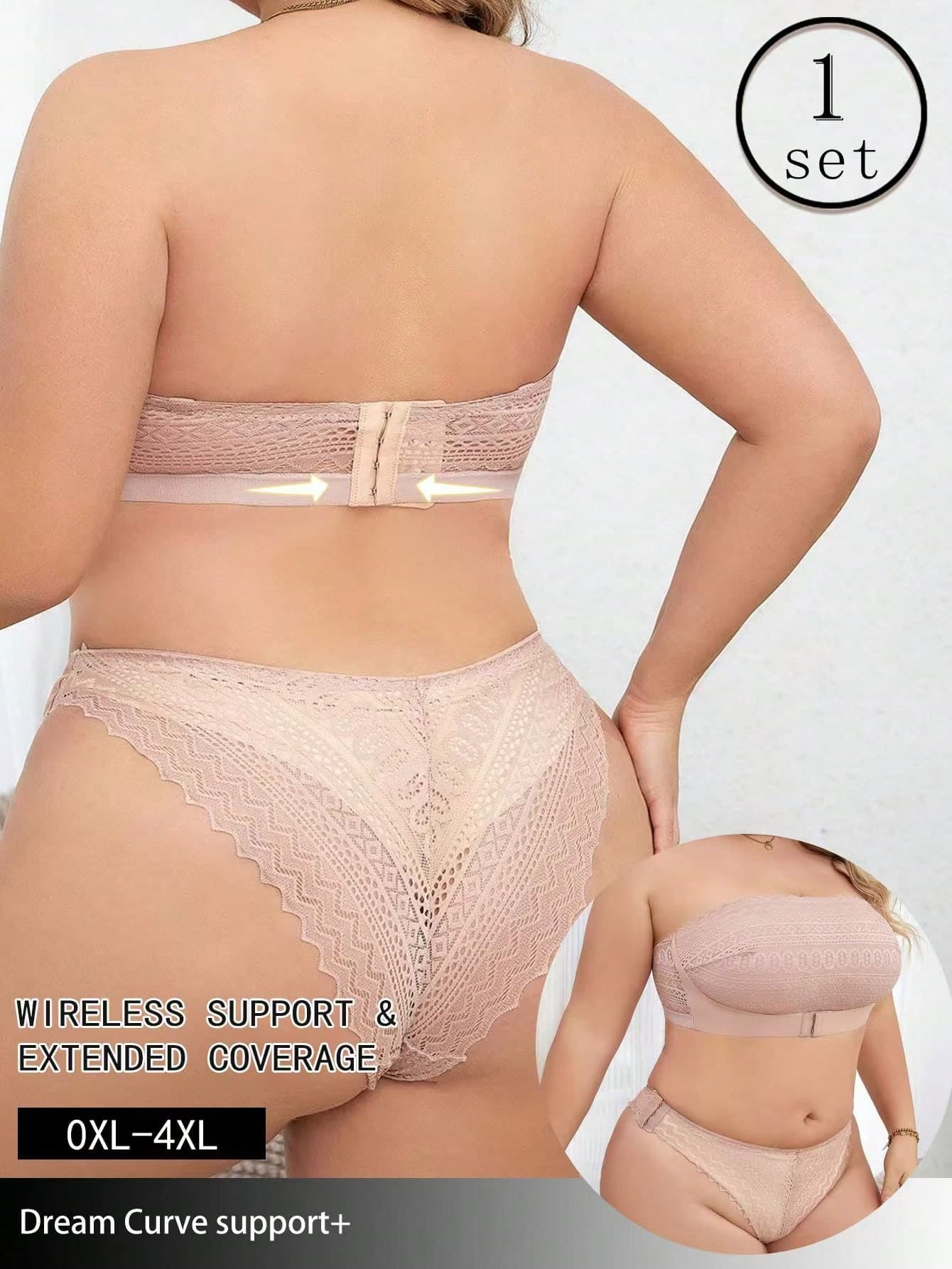 2pcs Plus Size Lace Strapless Wireless Bra Set Lingerie
