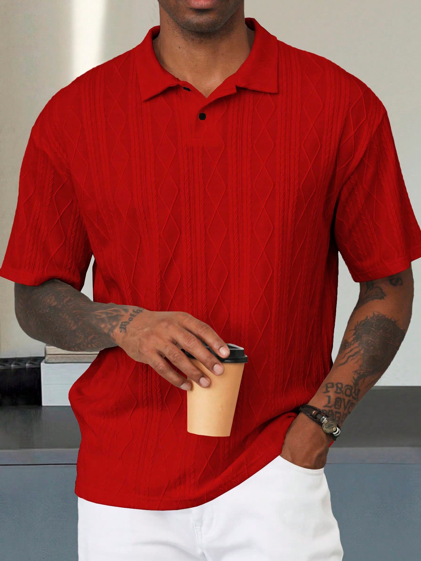 Manfinity Homme Men's Red Summer Casual Polo Shirt,Geometric Diamond-Textured Jacquard Knit V-Neck Short-Sleeve,French Style For Music Festivals,Dates&Beach Vacation