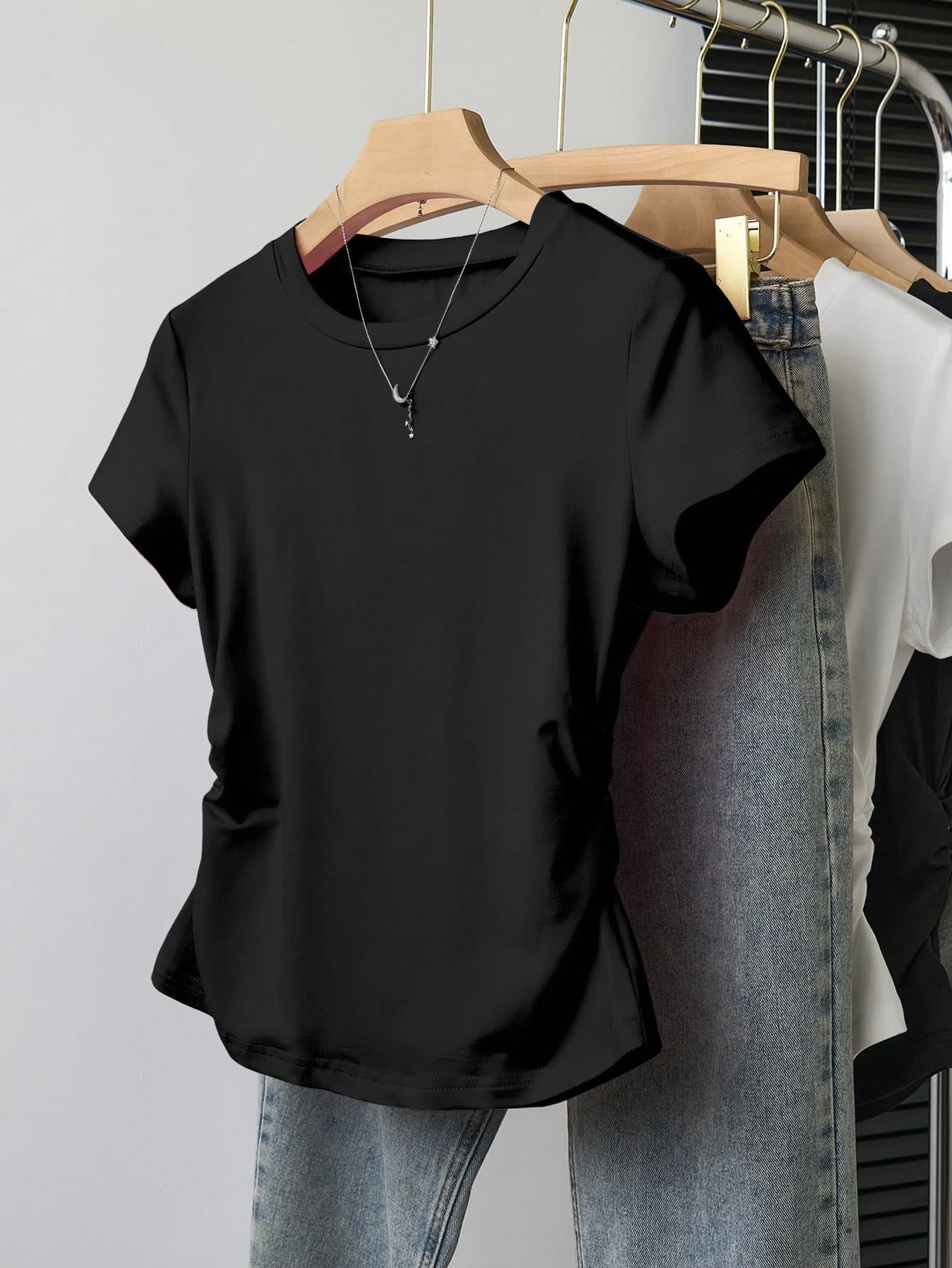 Teen Girls' Casual Plain Gathered Waist Short Sleeve T-Shirt