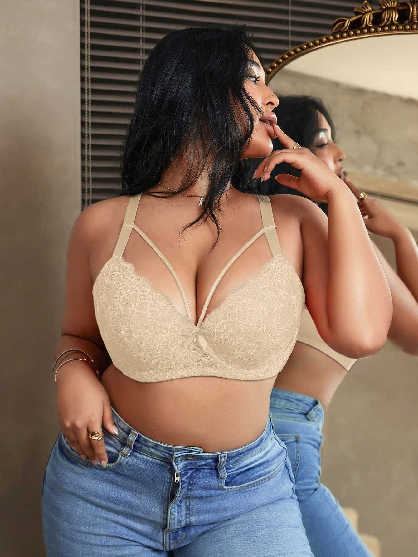 1pc Women Plus Size Contrast Lace Underwire Push Up Bra, Sexy Comfortable Supportive Lingerie
