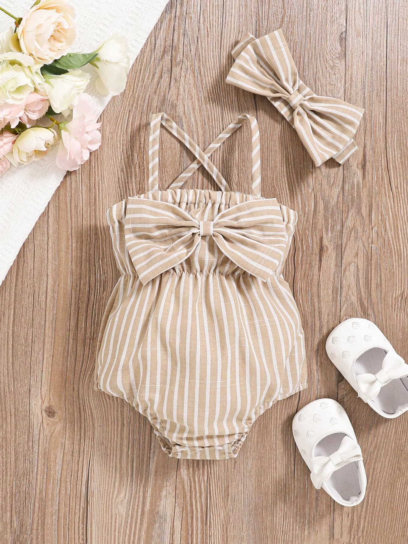 SHEIN Vintaside Kids 2pcs/Set Baby Girl Fashionable Cute Striped Off-Shoulder Bodysuit & Headband Set, Summer Party