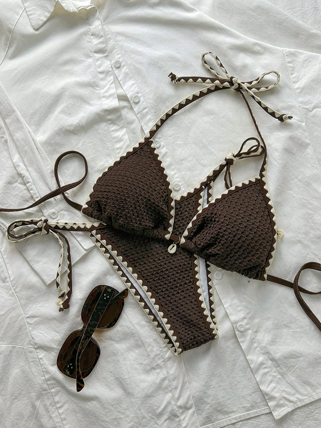 Swim Mod Women's Solid Color Jacquard Fabric Ruffled Strap Tie Bikini Set Two-Piece Swimwear, Summer