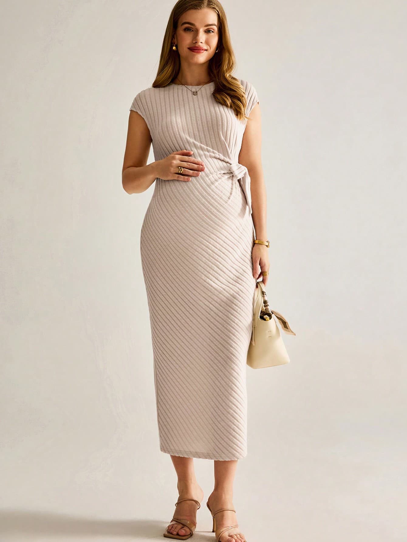 MaterniWear Maternity Old Money Ribbed Knit Belted Casual Midi Dress