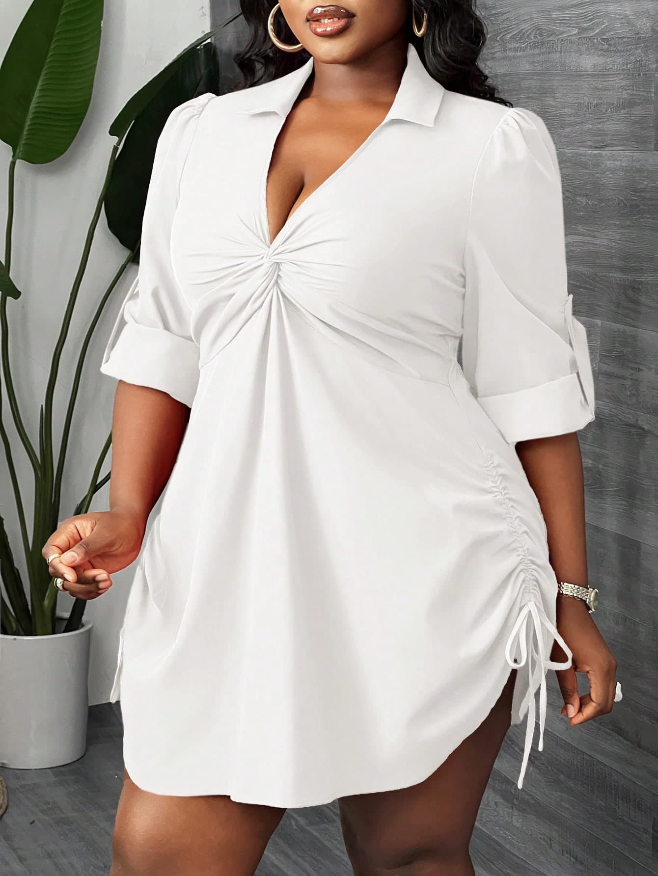 Slaydiva Women's Plus Size White Outfit: Chic And Comfortable Collared Mini Shirt Dress With Adjustable Drawstring,Graduation Dress Fall