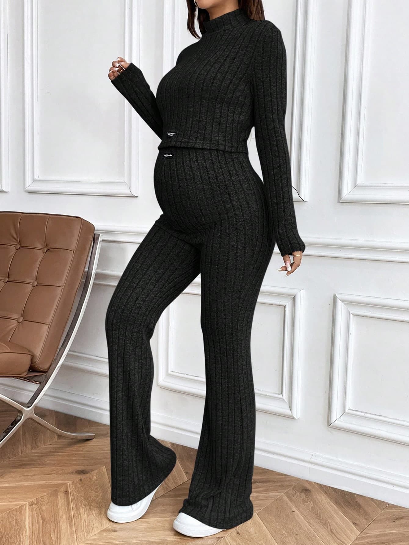 SHEIN Maternity Mock Neck Crop Top & Flare Leg Pants 2 Pieces Set, Autumn Fitted Outfit World Cup Fall