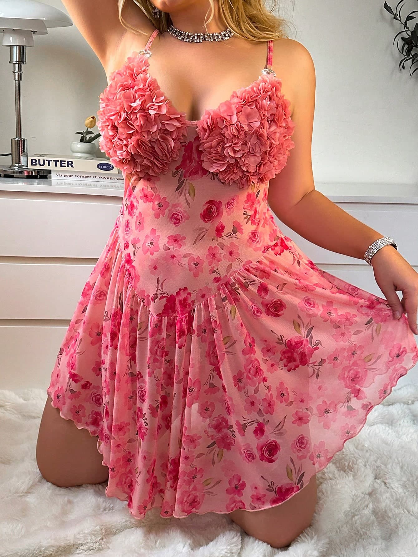 CottageSlumber Plus Size Women 3D Floral Decor Romantic Cute Floral Print Mesh Camisole Nightgown