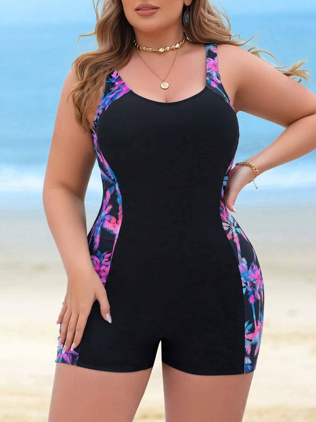Swim SPRTY Plus Size Women One-Piece Swimsuit,Coconut Tree Print,Adjustable Straps, Waist Cinching Swimwear,Multicolor,Summer,Beach,Vacation,Holiday