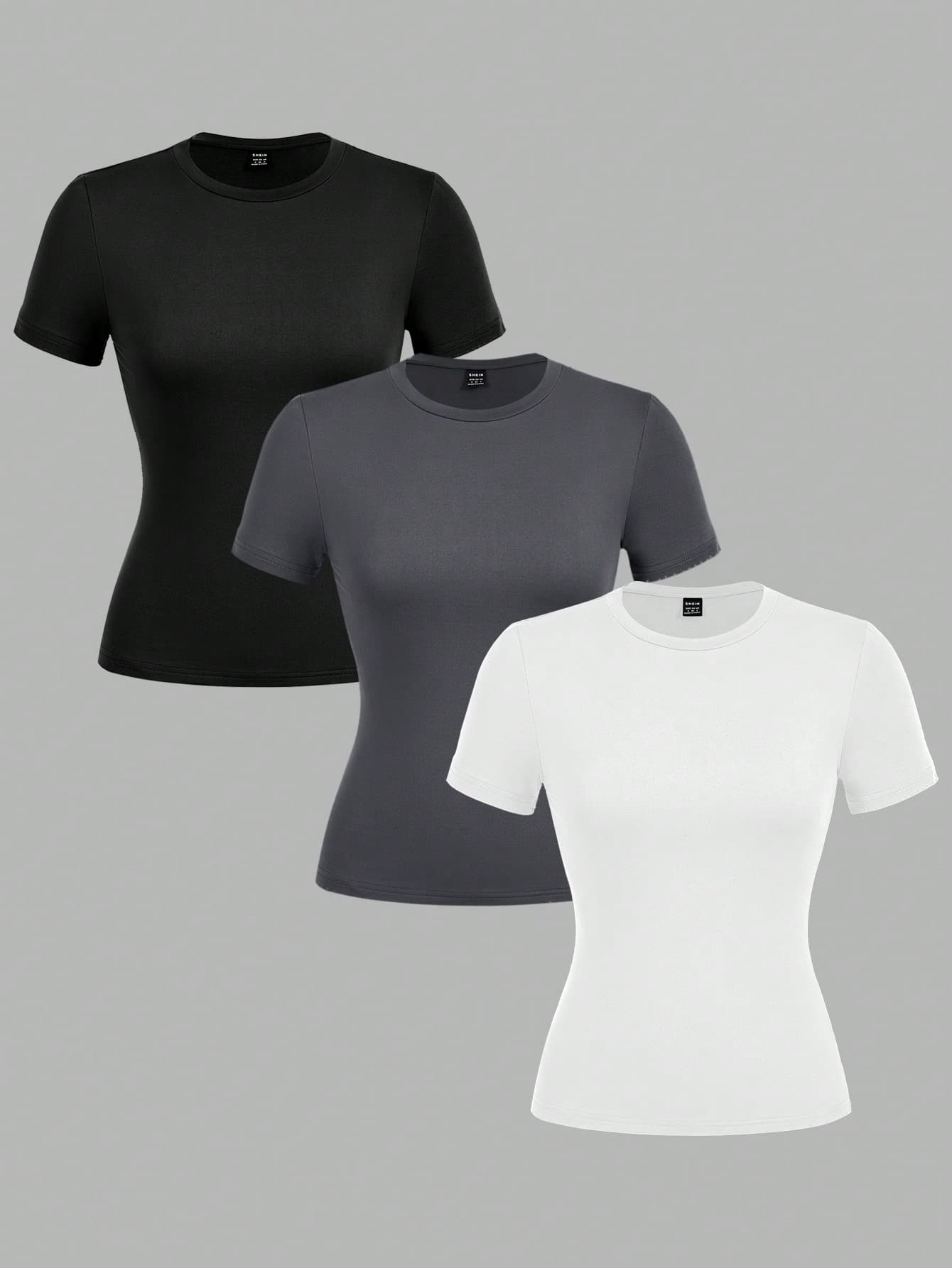 SHEIN EZwear 3 Pieces Women Casual Tight-Fitting Long Sleeve Round Neck T-Shirt Set, Suitable For Spring/Summer