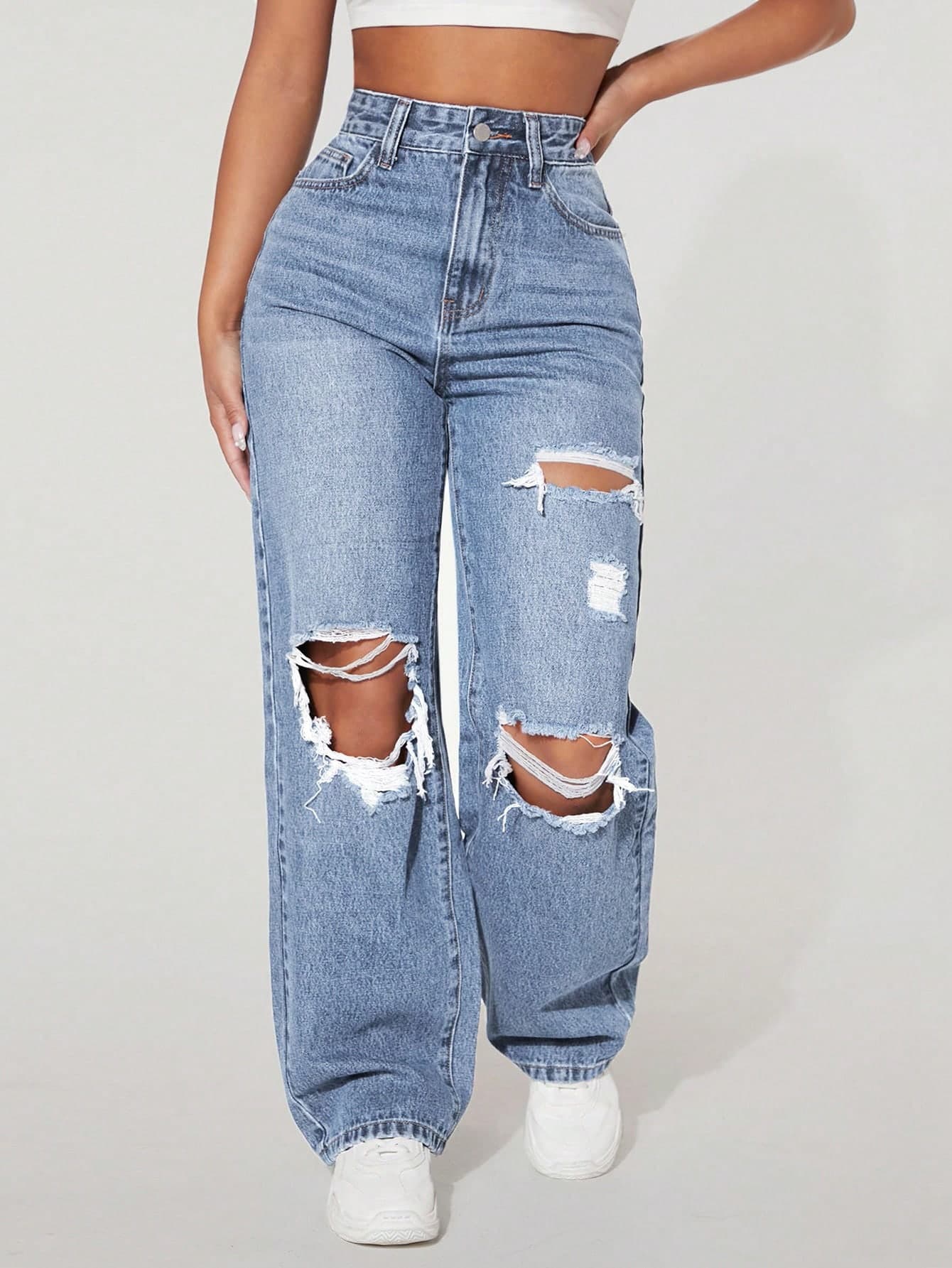 SHEIN PETITE Women's Pocket Detail Distressed Relaxed Fit Denim Jeans ,Petite Women