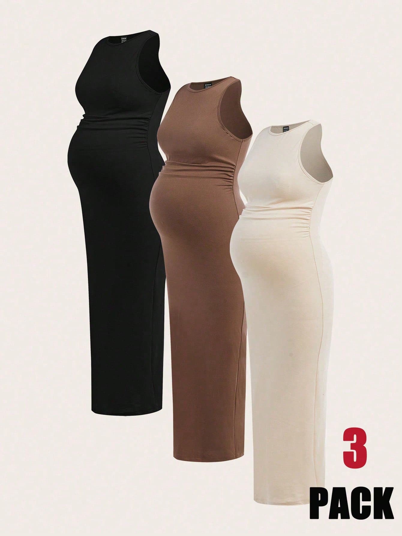 SHEIN Pregnant Women Plain Round Neck Waist Ruched Casual Tank Dress Maternity Dress