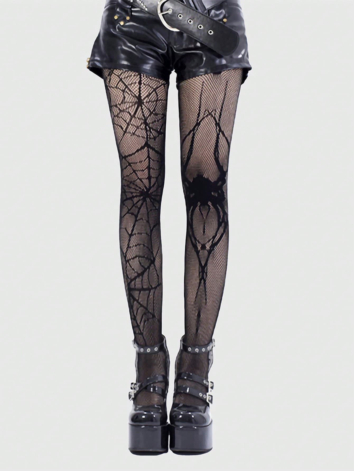 ROMWE Goth 1 Pair Spider & Web Fishnet Pantyhose, Halloween