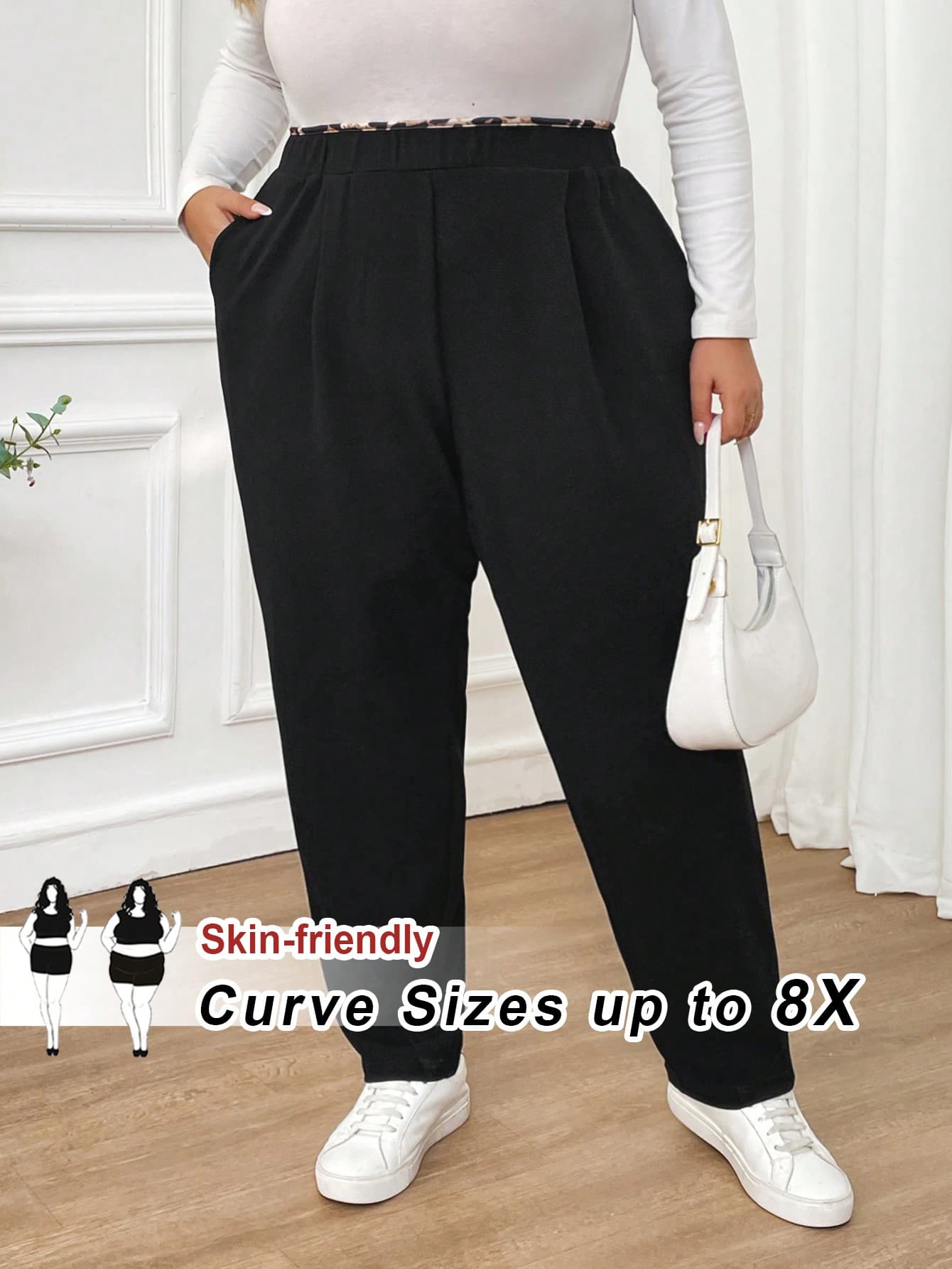 SHEIN CURVE+ Plus Size Women's Black Autumn Smart Casual Everyday Leopard Print Stitching Elastic Waist Pocket Pants,Comfortable Work Office Wear Business Bottom