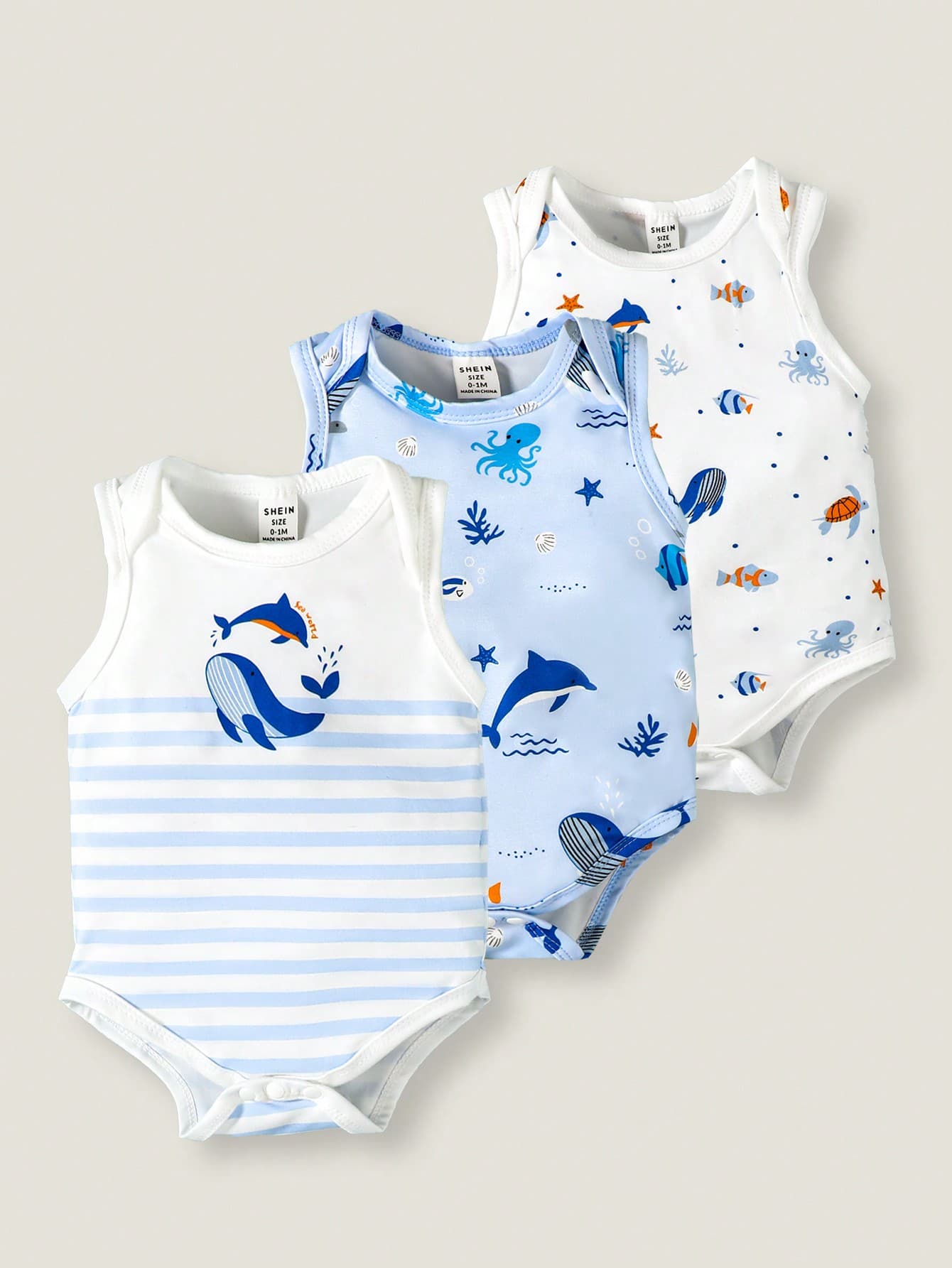 SHEIN Playful Pals 3pcs Baby Boys' Summer Cute Sealife Printed Short Sleeve Bodysuit