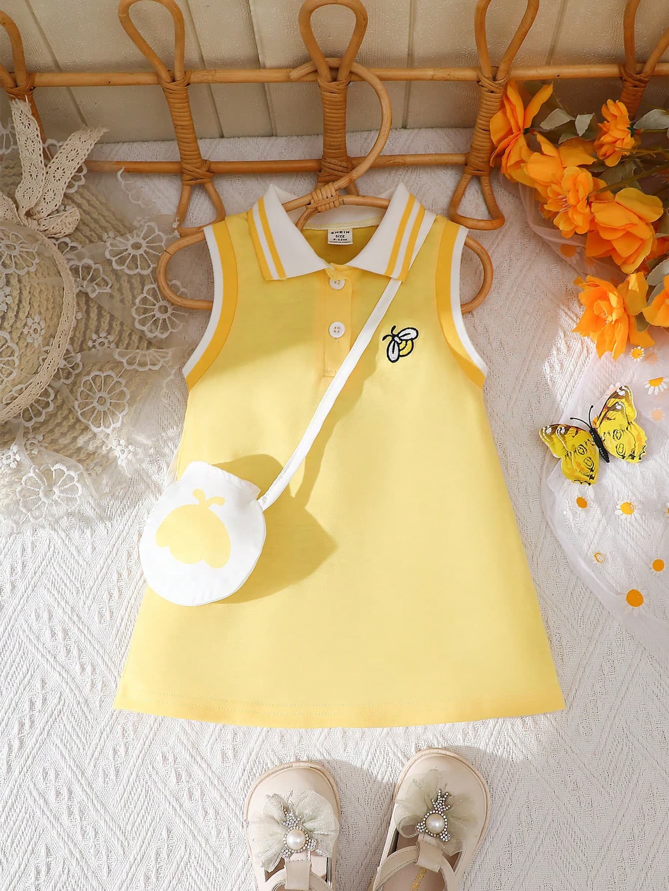 Souflis Souflis 2pcs/Set Baby Girl Spring&Summer Casual Style,Butterfly Embroidery Sleeveless Dress&Corss-Body Bag
