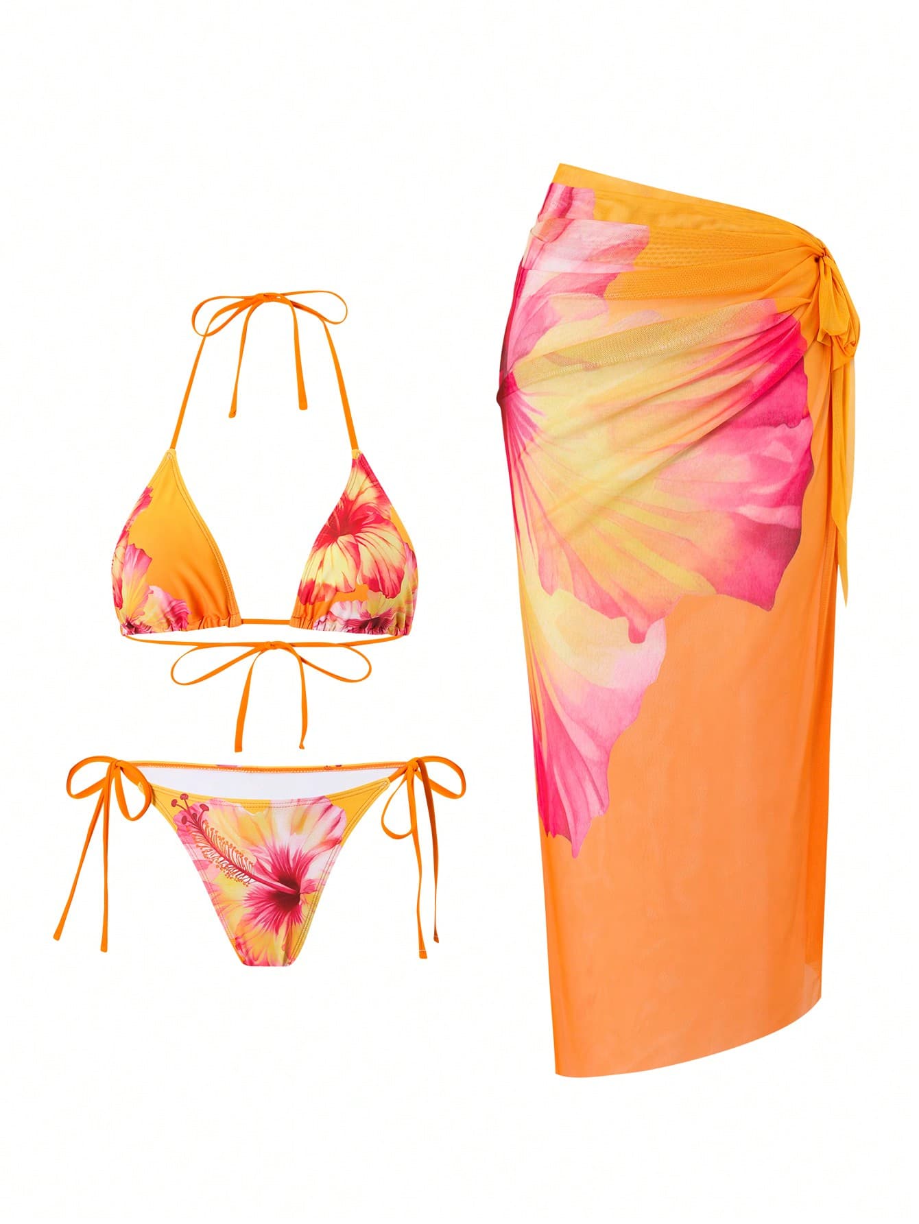 Swim Oasis 3 Piece Women Summer Beach Outfits Include Floral Print 3D Top, Tie-Front Bikini Bottom, And Mesh Wrap Skirt, Bohemian Resort Style