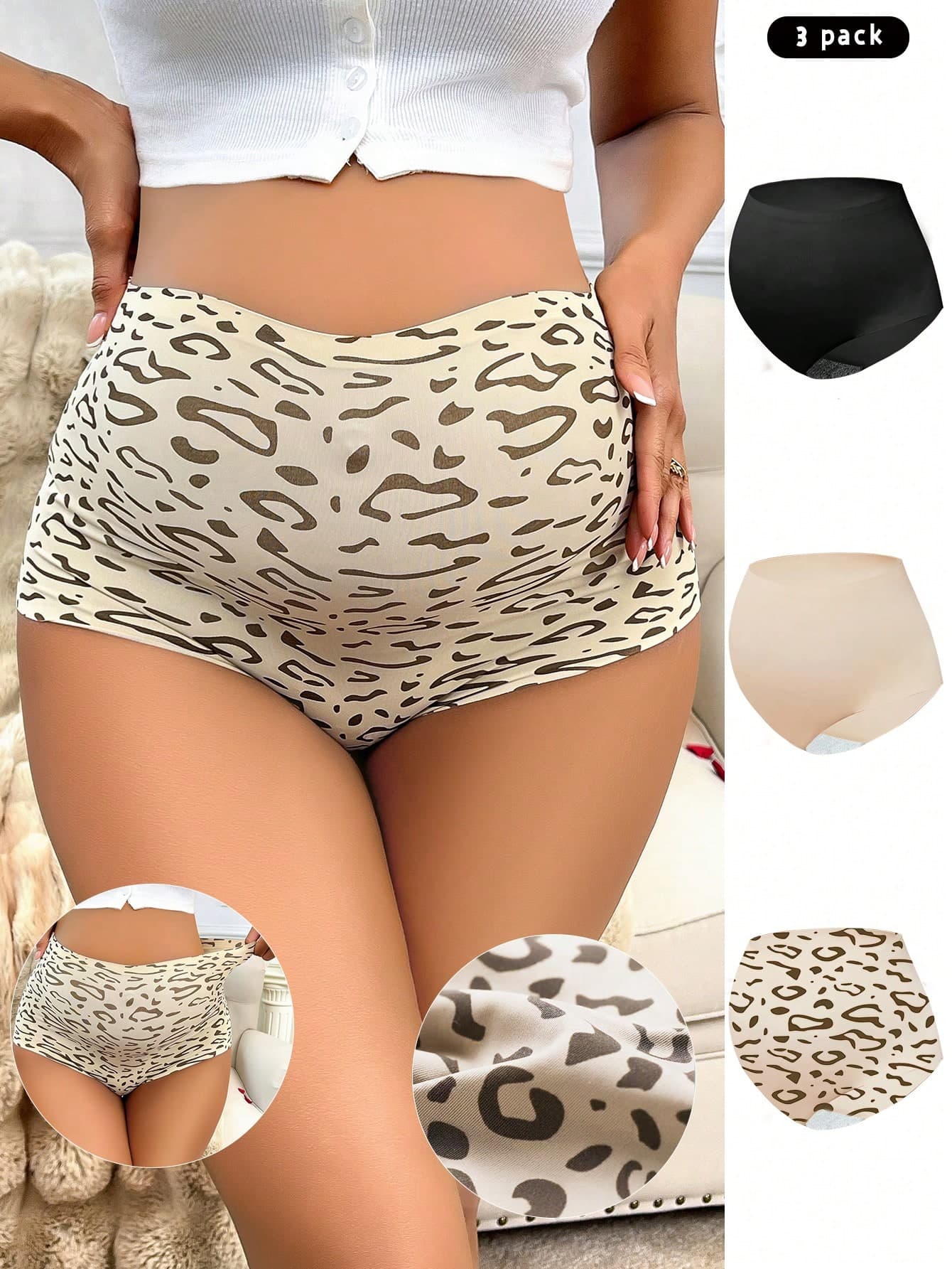 Moonlight&Mama 3pcs Pregnant Women High Waist Seamless Leopard Print Underwear Maternity