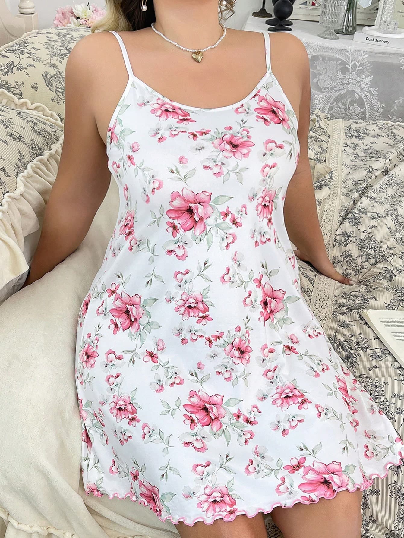 CottageSlumber Plus Size Women Floral Print Ruffle Trim Camisole Nightgown