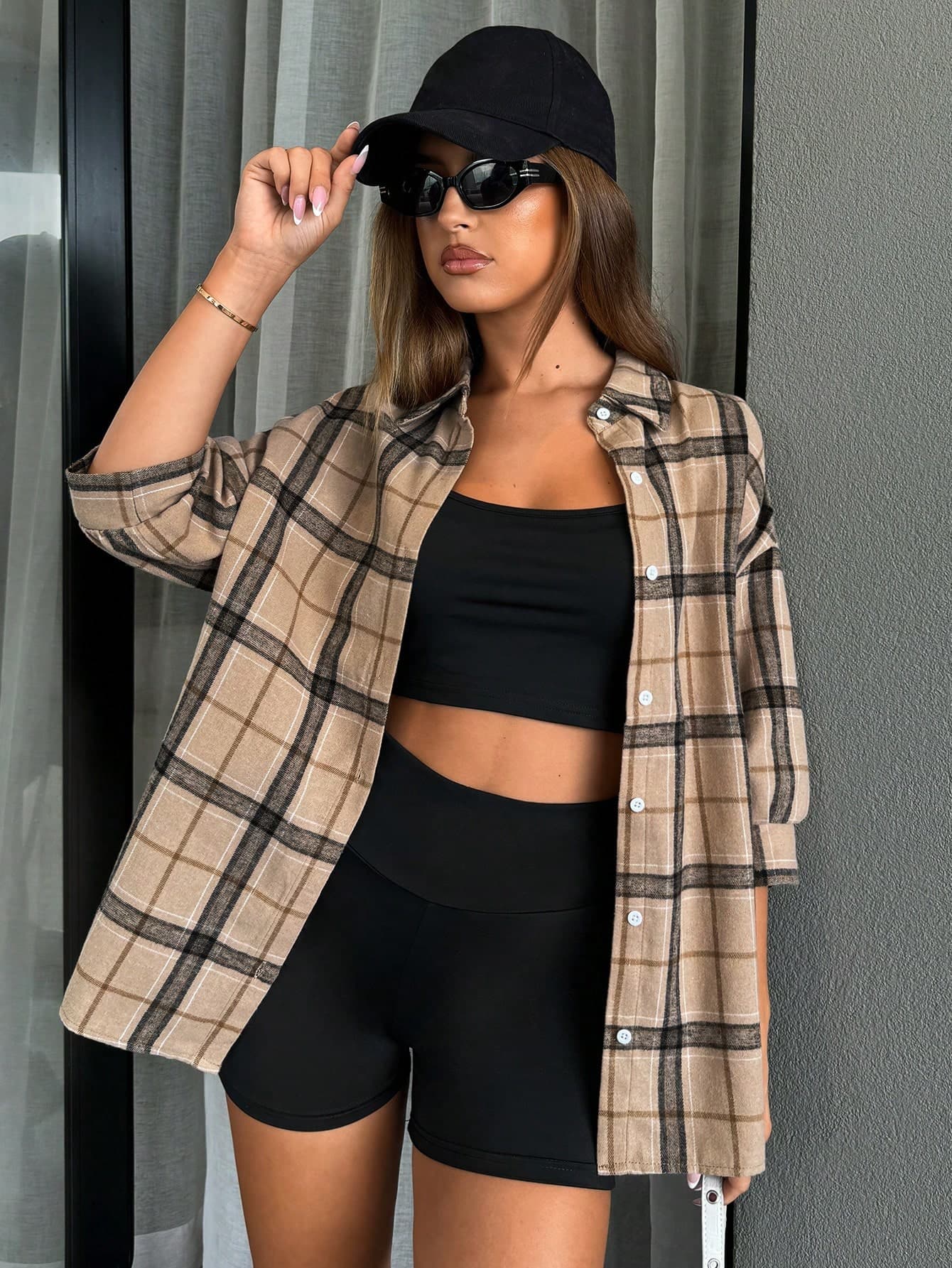 SHEIN Essnce Women's Casual Light Sports Summer Outfit, Sexy & Fashionable Outdoor Cycling Tennis Travel Top Top & Compression Shorts & Plaid Shirt 3pcs/Set