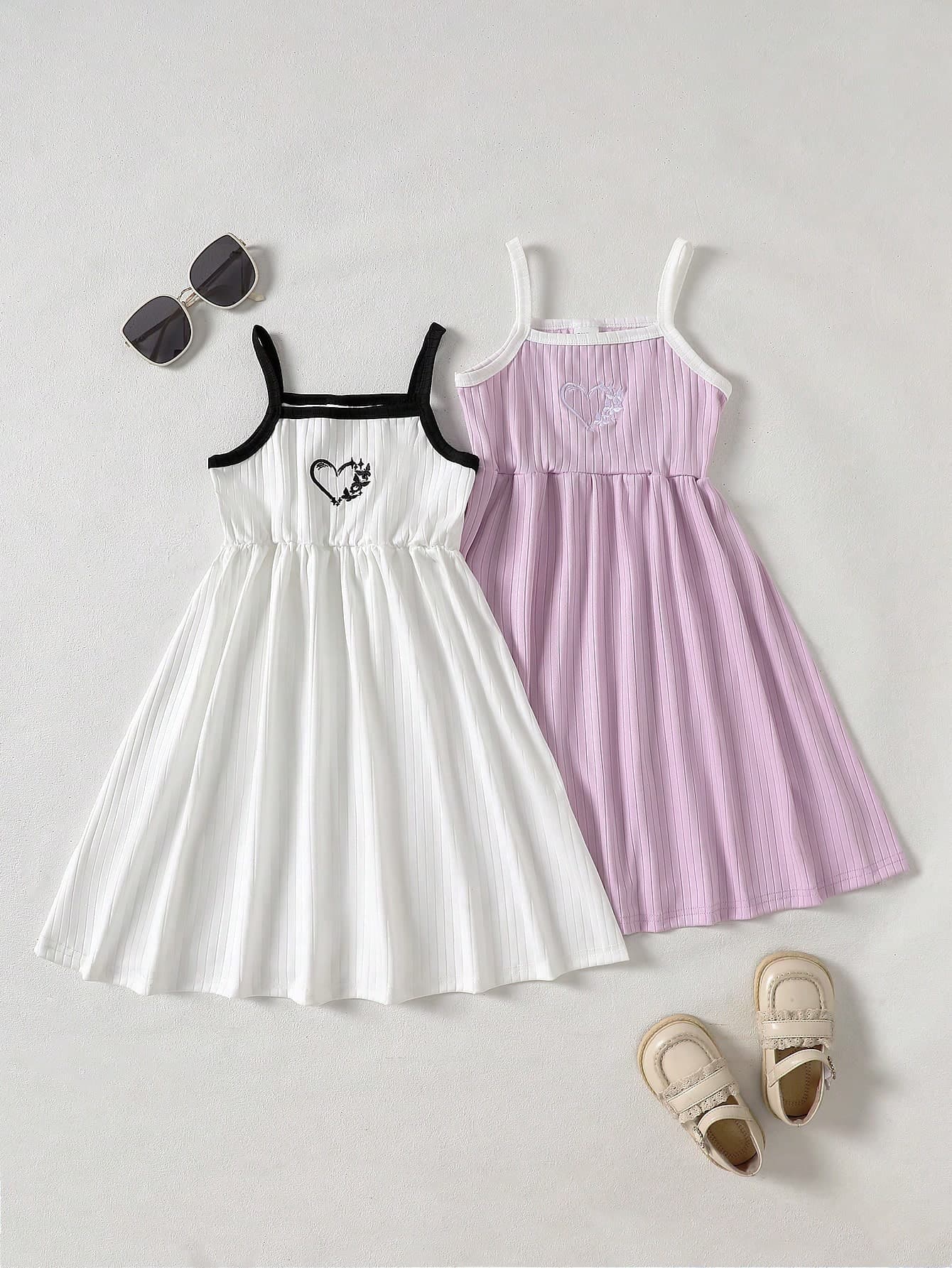SHEIN 2pcs/Set Young Girls Knit Ribbed Heart & Butterfly Embroidery White & Purple Dress