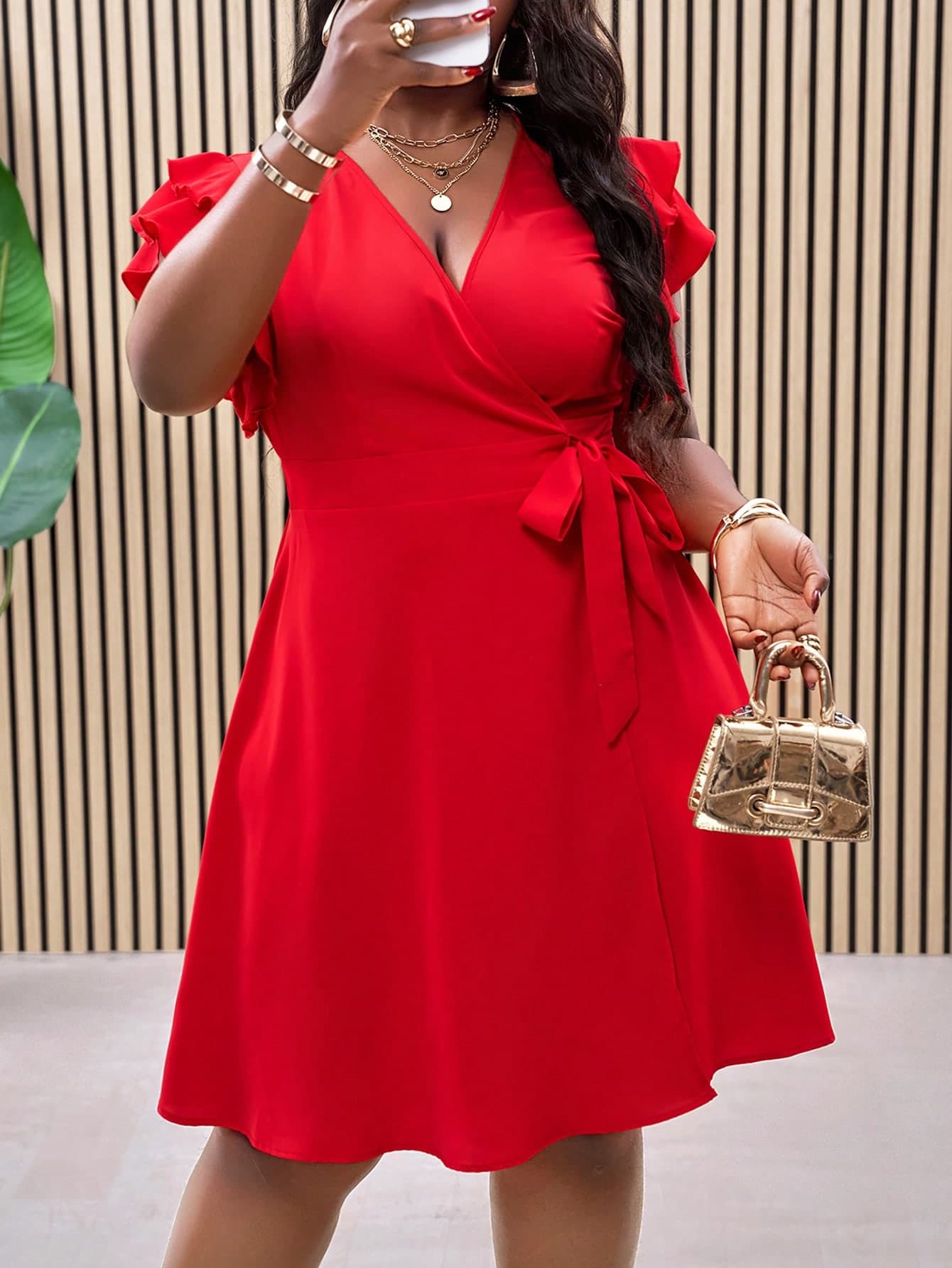 Slaydiva Plus Size Red Double Ruffle Wrap-Style Tied Side Waist Fit & Flare Summer Vacation Dress