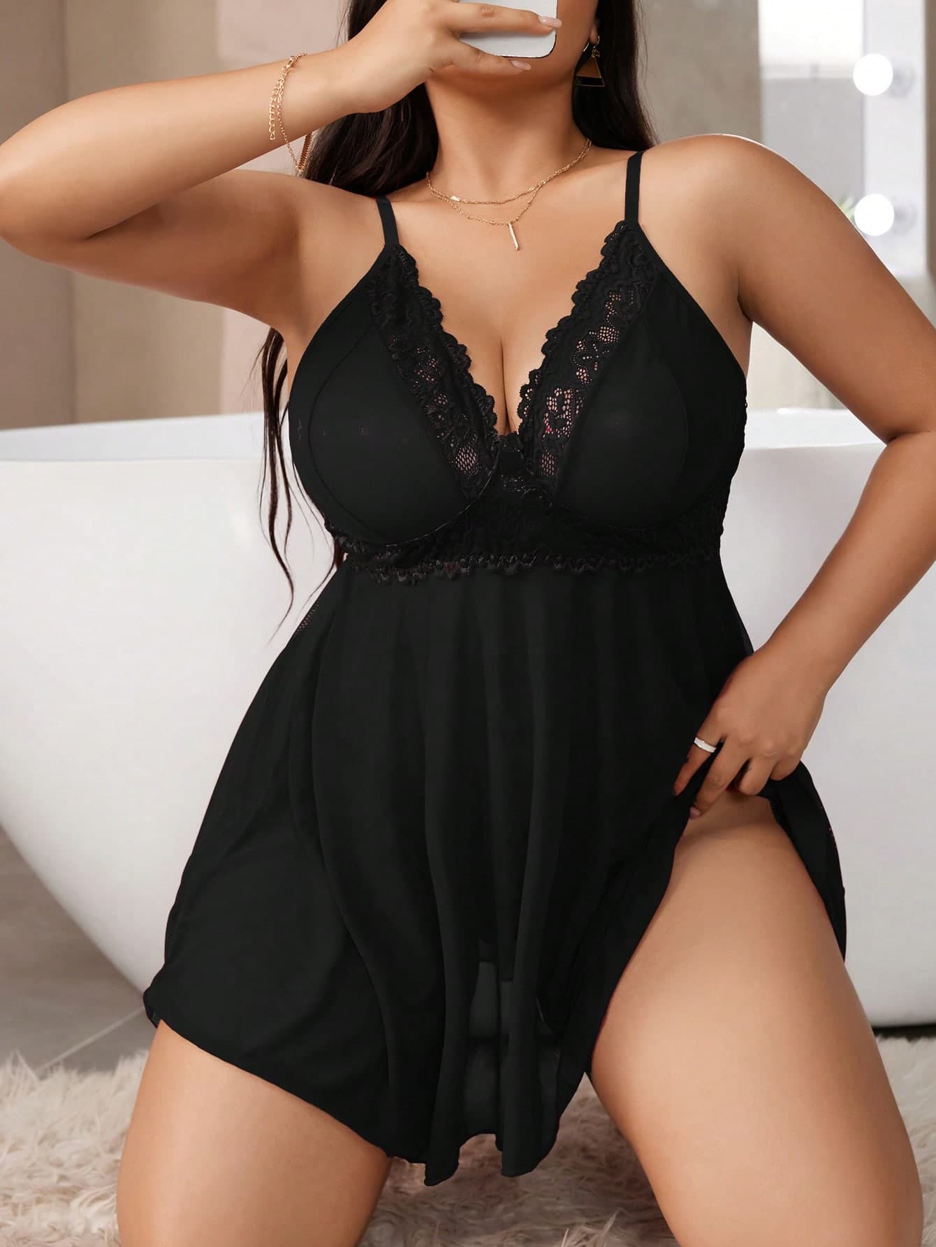 SHEIN 2pcs Plus Size Sexy Lace Patchwork Lingerie Set