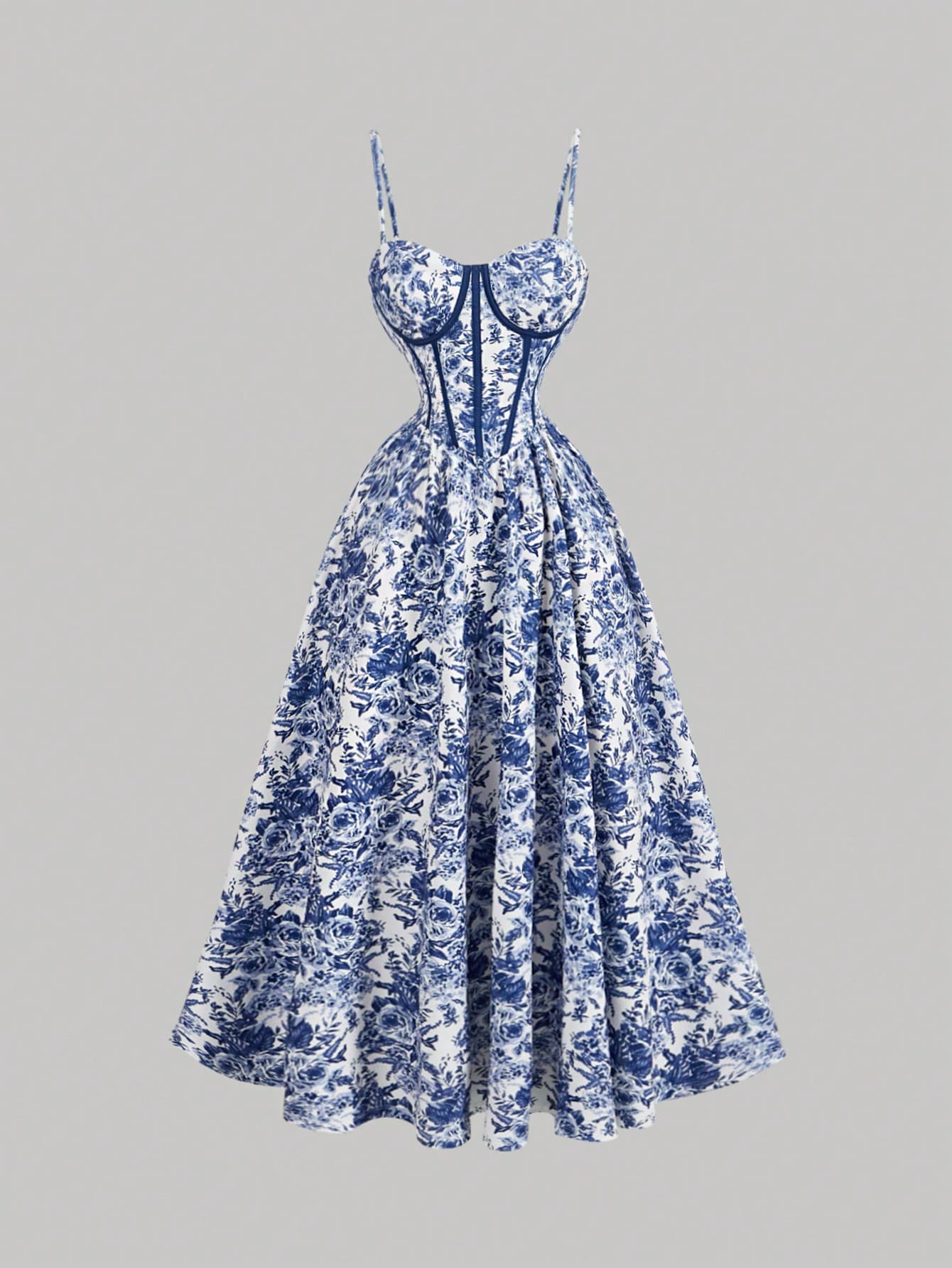SHEIN MOD White And Blue Floral Summer Summer Dresses For Women,Casual Elegant Party Bustier Cami Corset Structure Dress,Vacation Beach Tea Party Outfit,Spring