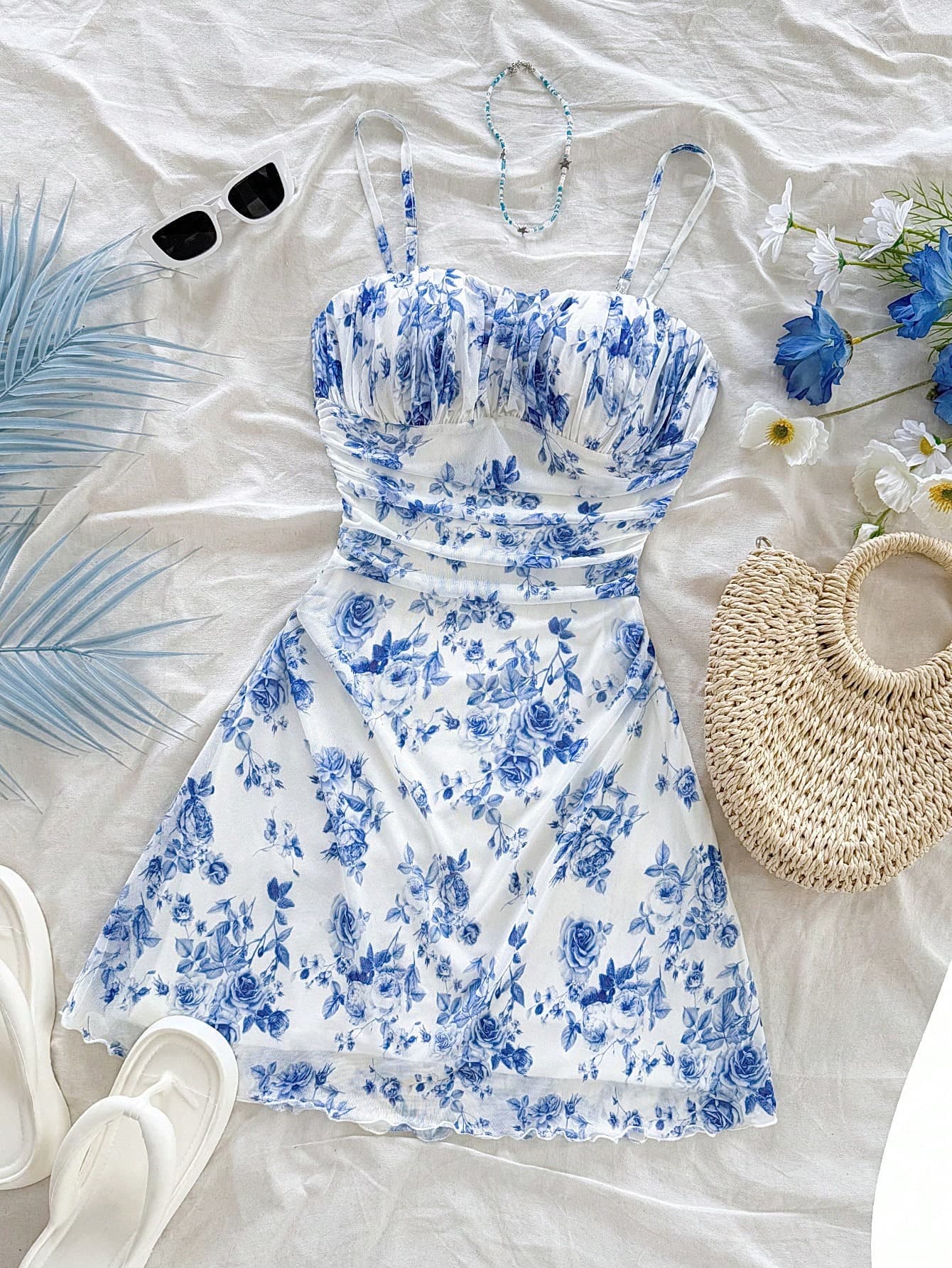 Soleia Women's White And Blue Floral Ruffled Waist A-Line Mini Dress,Summer,Tropical,Holiday,Vacation,Holiday Pastel Outfit For Party,Date,Beach