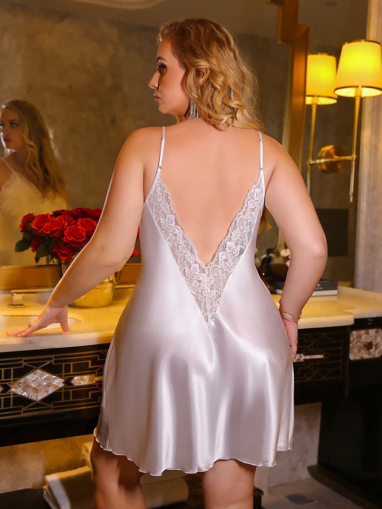 SilkySpell Plus Size Women's Lace V-Neck Backless Sexy Fitted Satin Slip Dress