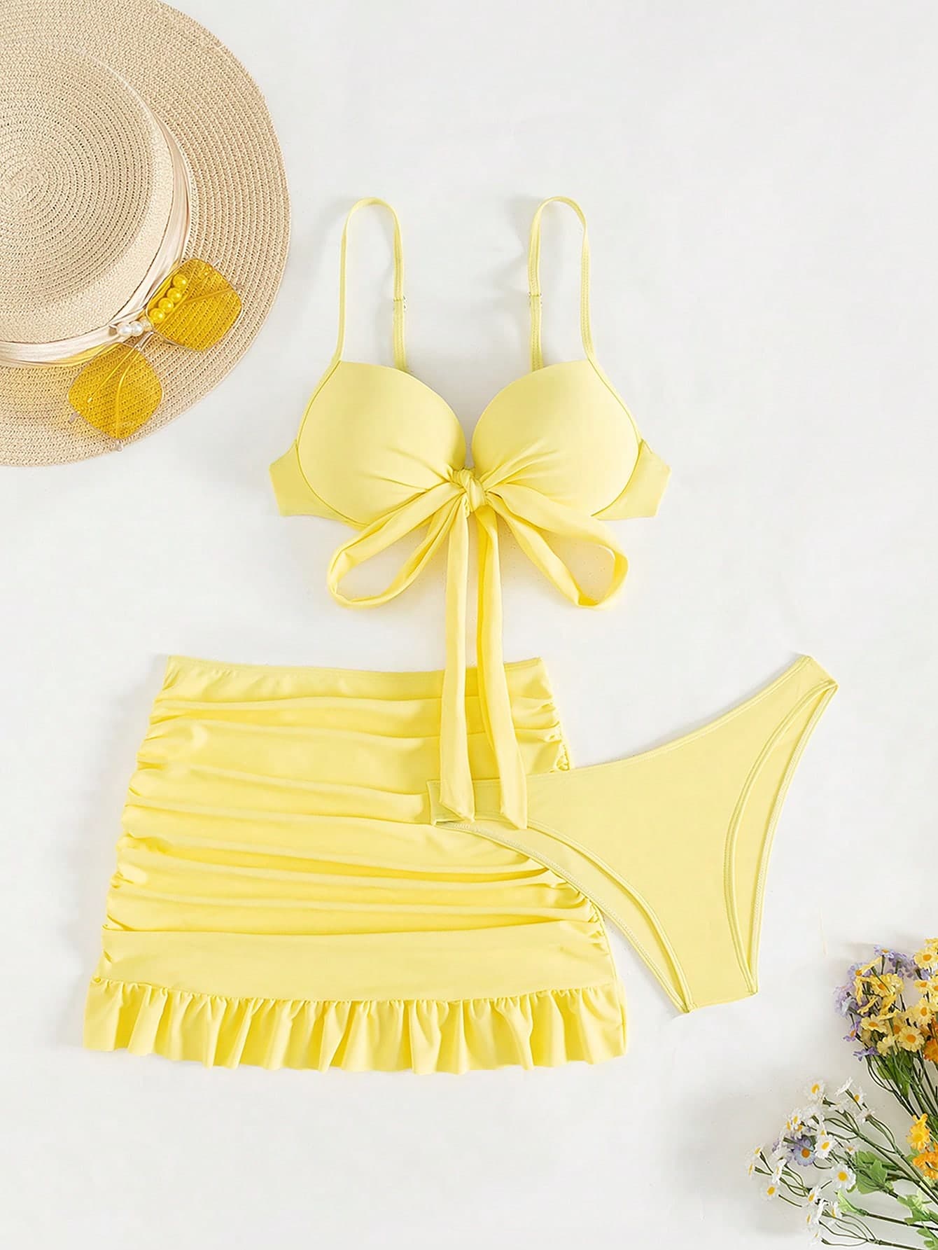 Swim Mod 3pcs/Set Solid Color Spaghetti Strap Bow Decor Ruffle Hem Push Up Yellow Beach Dress & Bikini Set, Summer Beach Holiday