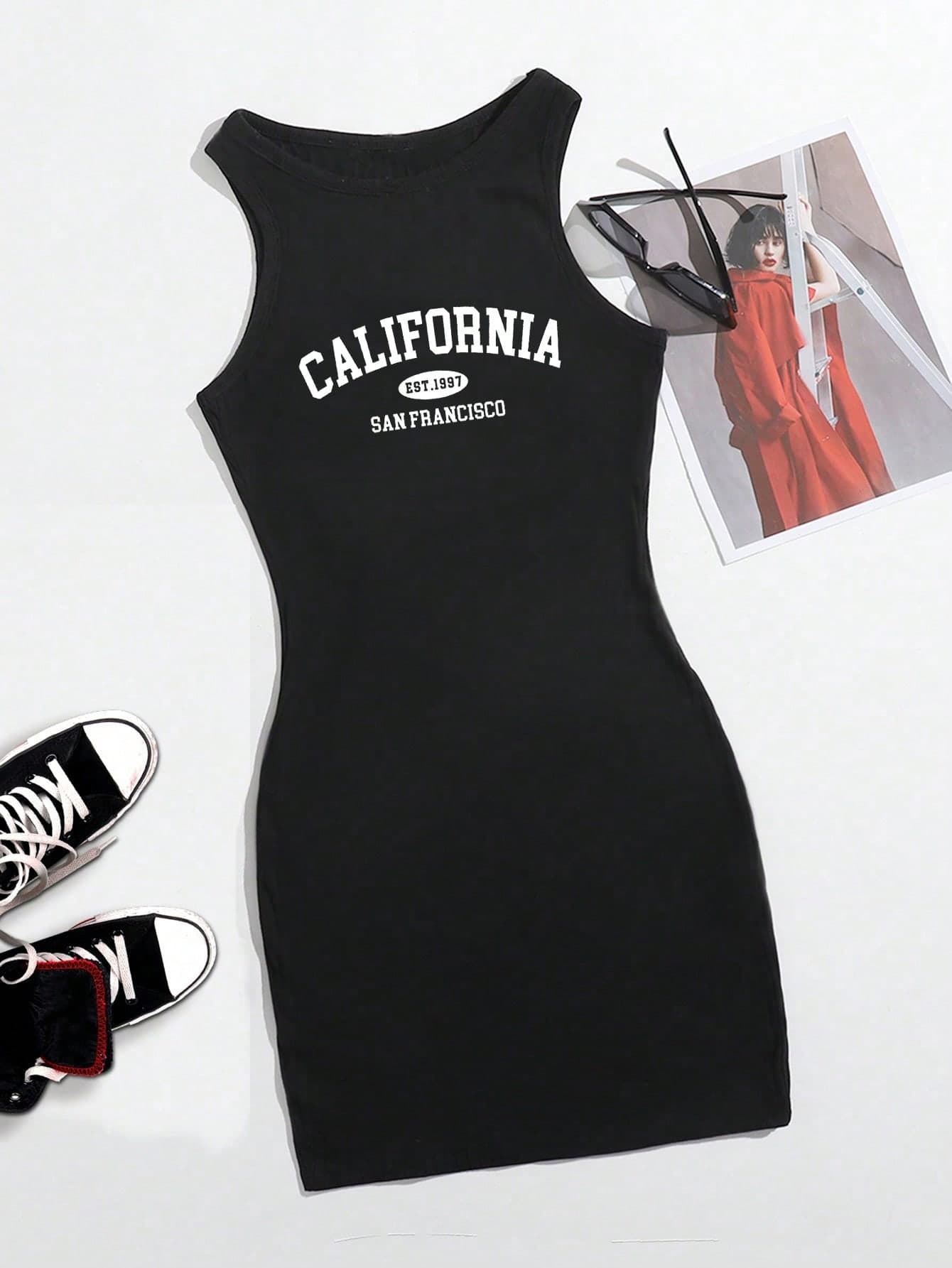 Attitoon Women Casual Minimalist Sleeveless Bodycon Dress With California Print,Suitabel For Summer Suitable For Going Out Chic Dress