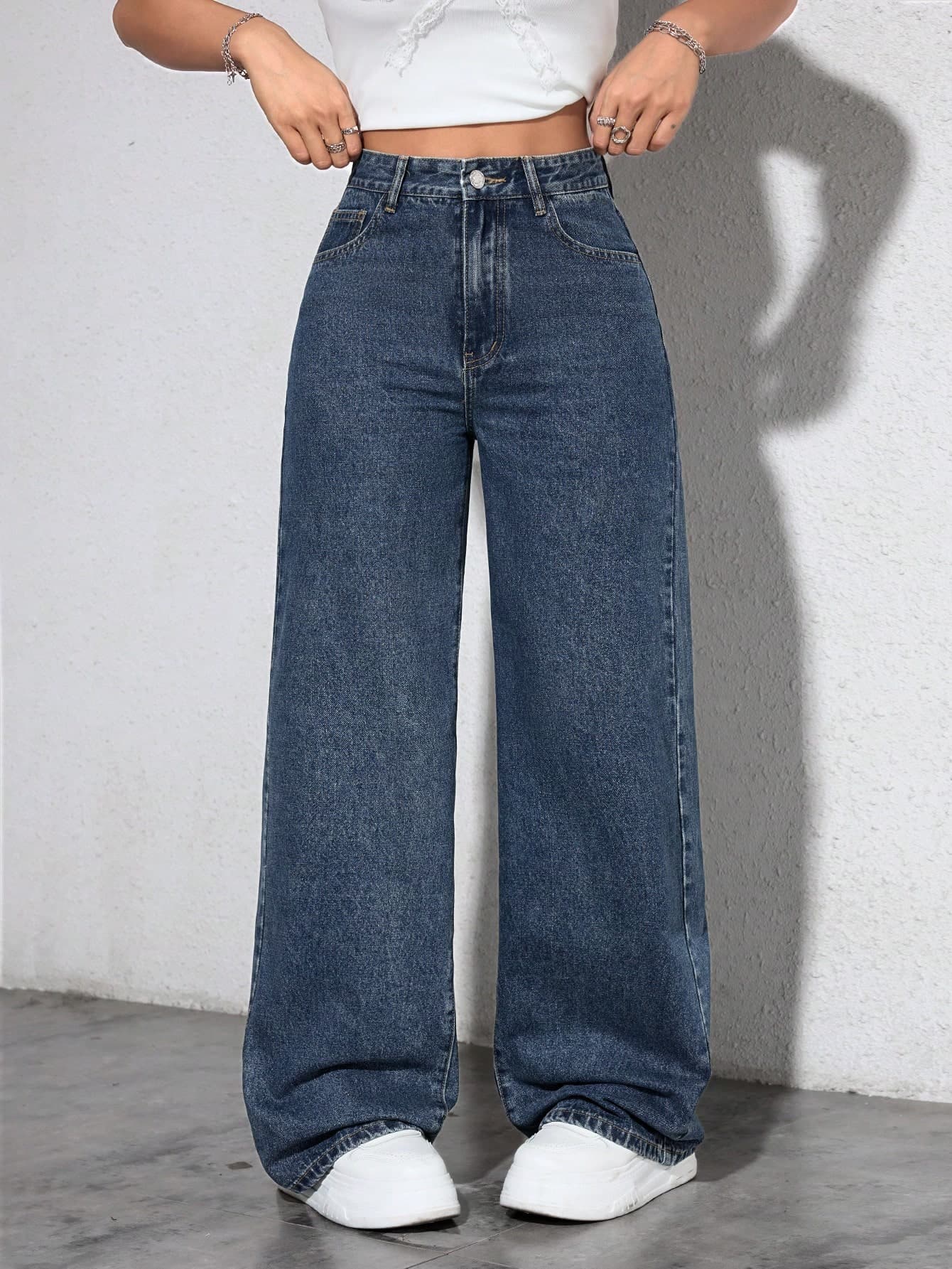 SHEIN ICON Women's Pocketed Wide Leg Loose Casual Versatile Denim Pants Y2k
