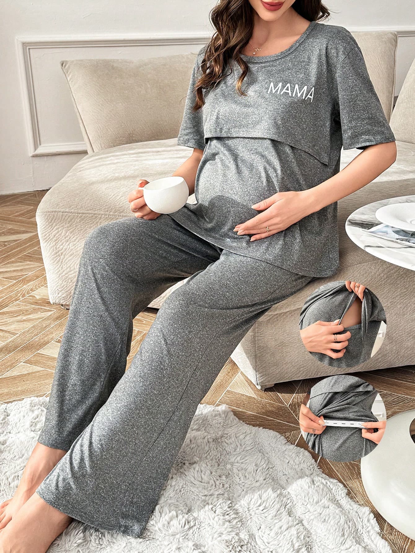 Moonlight&Mama Casual Letter Print Nursing Design Maternity Short Sleeve Pajama Set