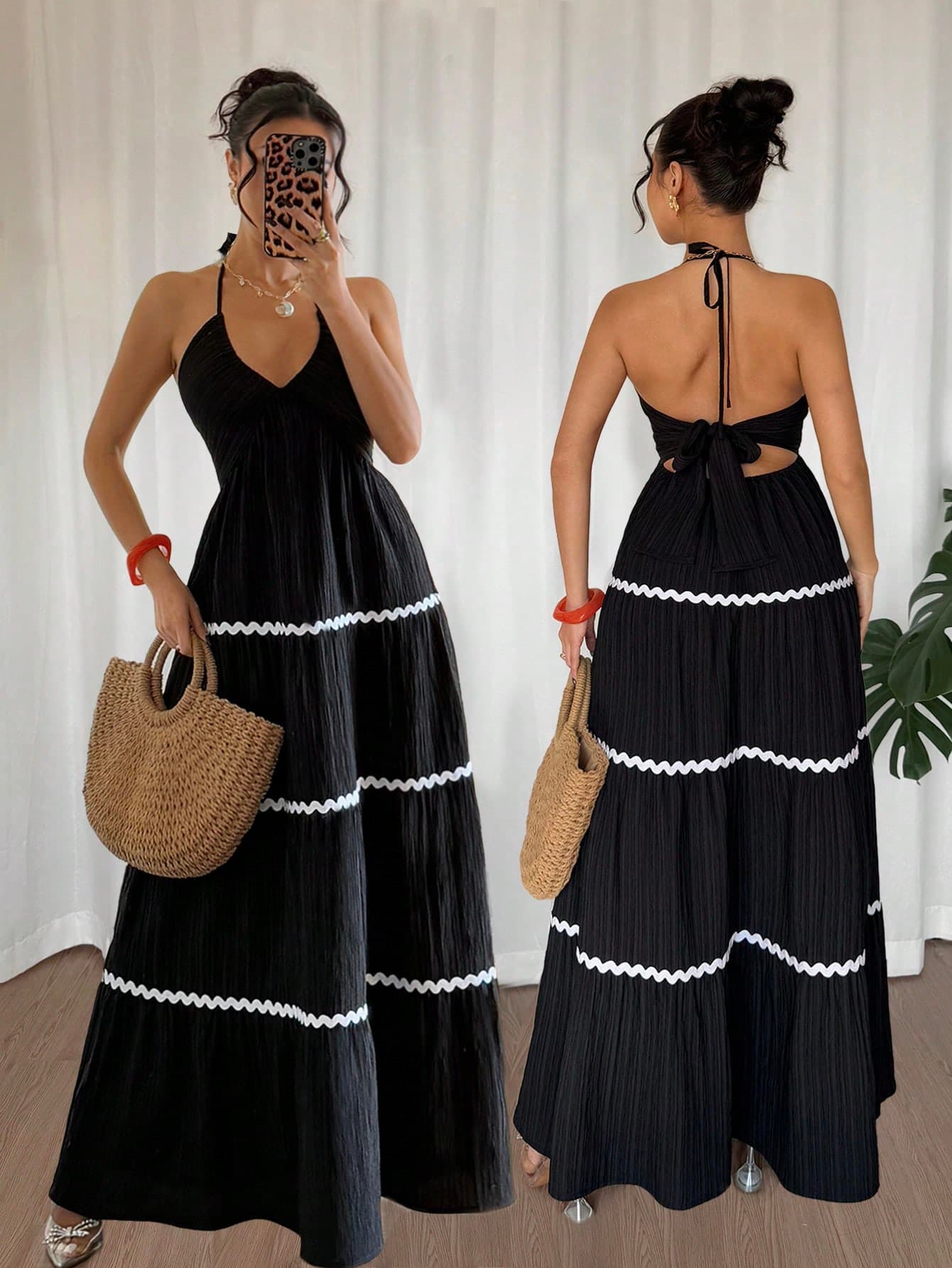 SHEIN Raffinéa Women's Casual Resort Style Spaghetti Strap High Low Ruched Trim Backless Long Dress, Spring/Summer New Arrival Black