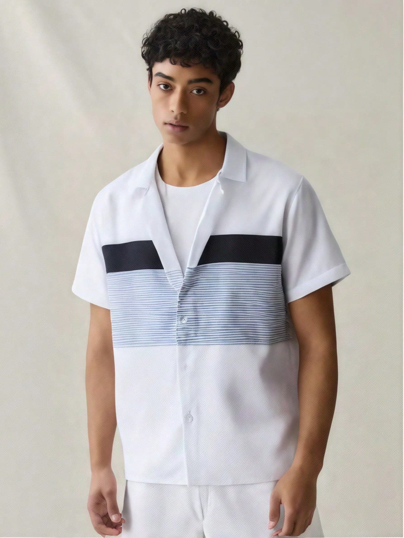 Holiday,Summer,TravelTeen Boy Casual Loose Striped Short Sleeve Shirt, Minimalist Fashion For Daily Wear