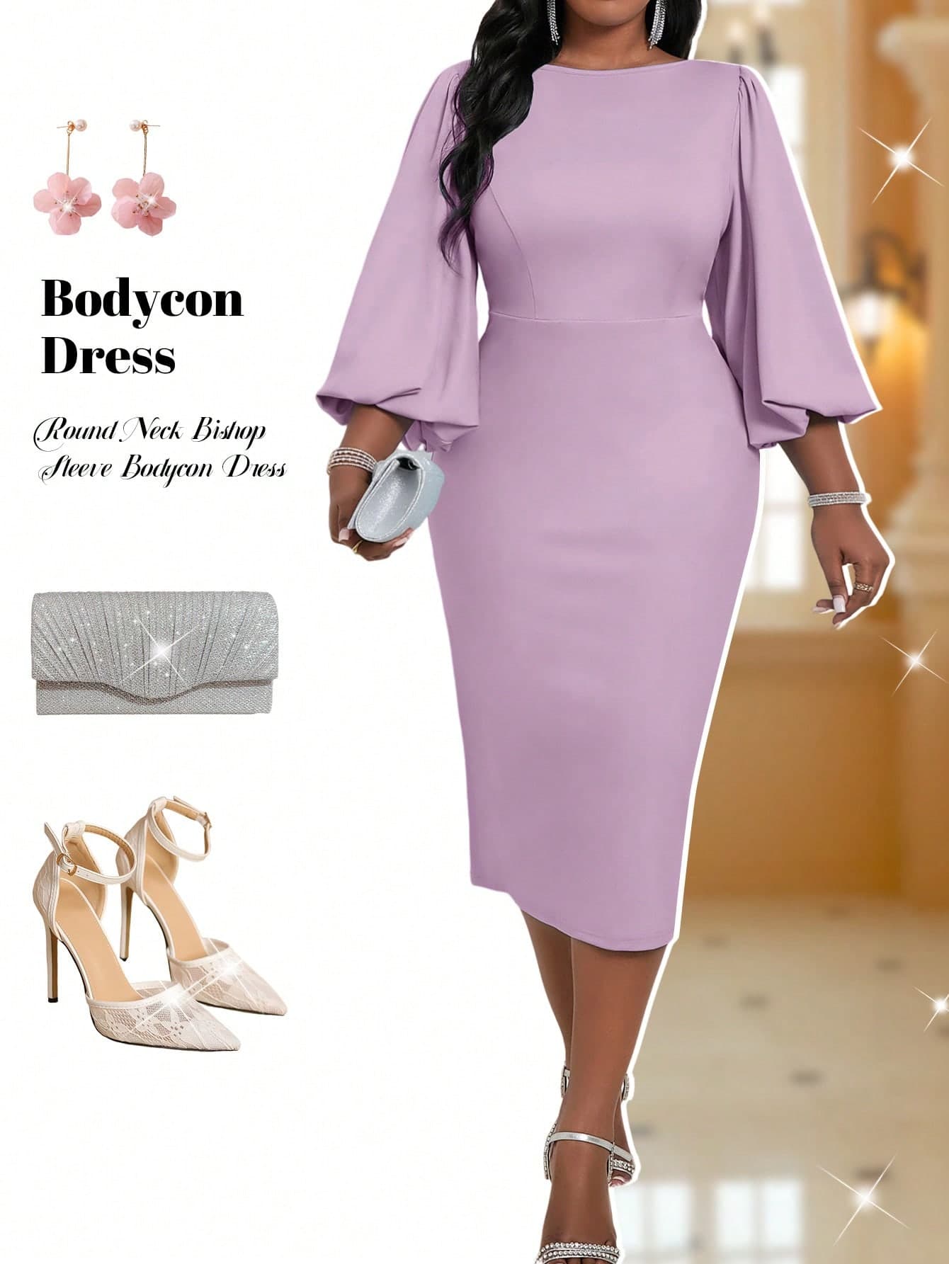 Fleurora Autumn And Winter Elegant Baby Blue Round Neck Bishop Sleeve Bodycon Dress Plus Size Dresses Blue Dresses Dress