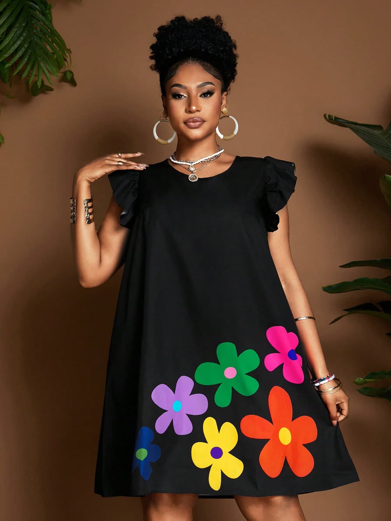 Maweii Women's Black Summer Elegant Party Dress,Cartoon Floral Print Round Neck Flare Sleeve A-Line Casual Vacation Minimalist Plus Size Knee-Length Dress