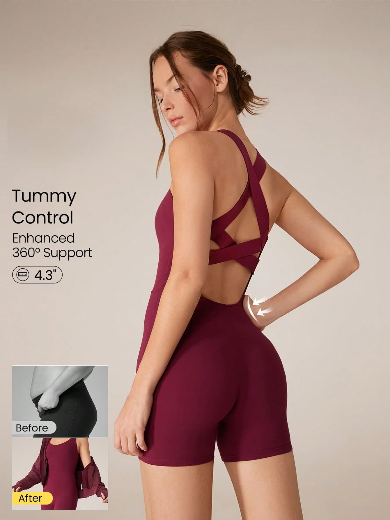 GLOWMODE 4.3" FeatherFit™-Air Insta-Cinch Tummy Control Underarm Coverage Butt Scrunch Multi-Strap Romper Bodysuit Jumpsuit Yoga Pilates Removable Cups Spring