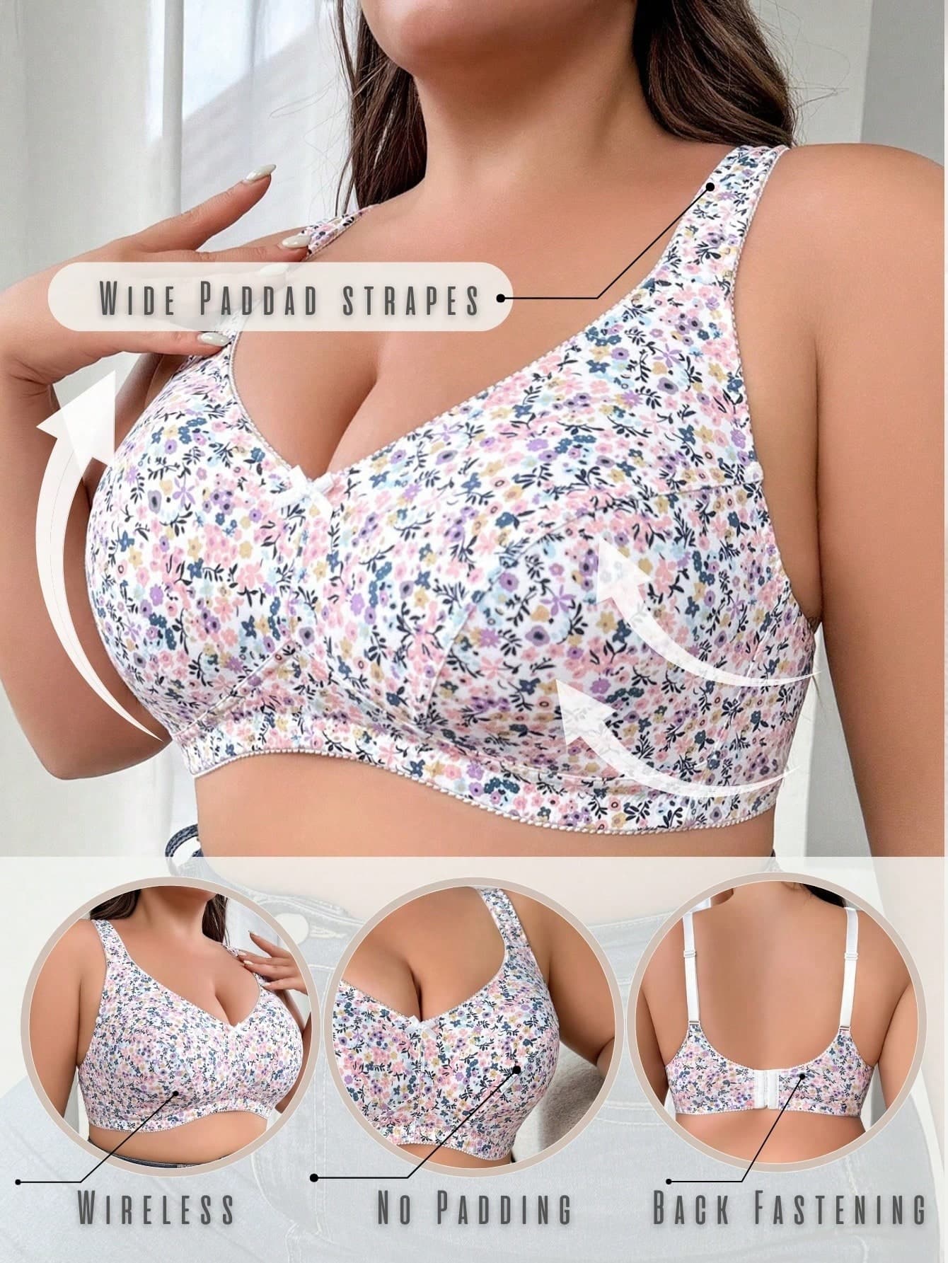 DesireSculpt Elegant, Comfortable And Soft Cotton, Floral Print, Bow Decor, Soft Sponge With Adjustable Straps Wireless Plus Size Women Bra