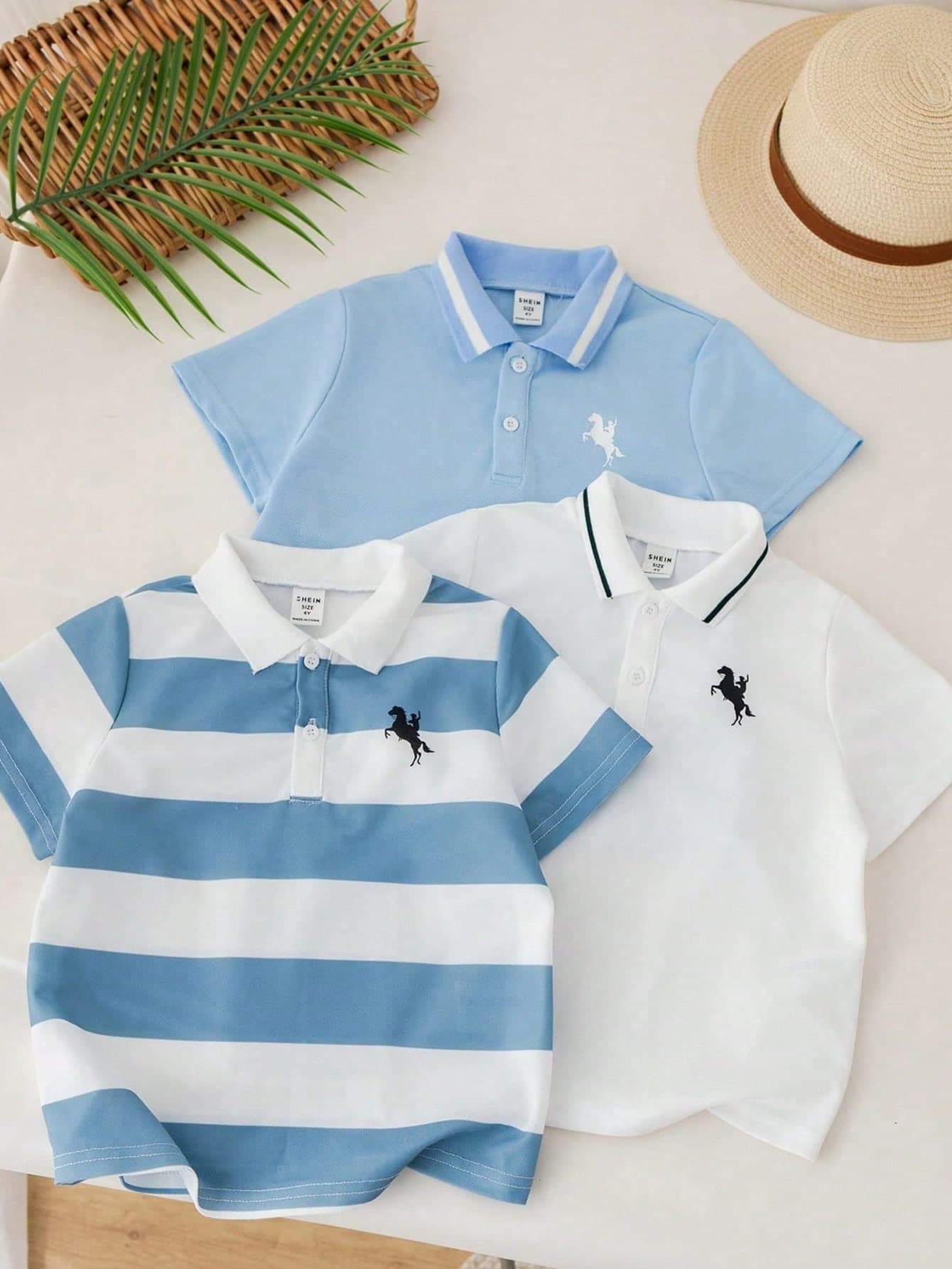 SHEIN 3pcs Baby Boy Blue White Stripe Summer Casual Short Sleeve Polo Shirt,Back-To-School Carrer Day Tops For Birthday Party,Wedding,Baby Shower Clothes