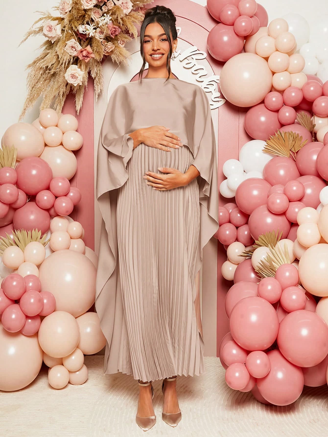 Loomaby Pregnant Women Plain Satin Draped Dress, Simple & Fashionable Maternity Dress Thanksgiving Fall