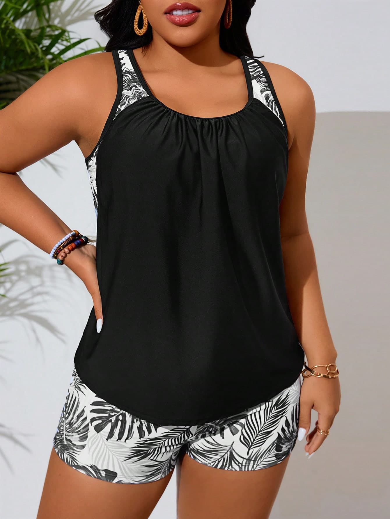 Swim Lushoire 2pcs/Set Plus Size Women Random Print Tankini Swimwear For Summer Beach Vacation