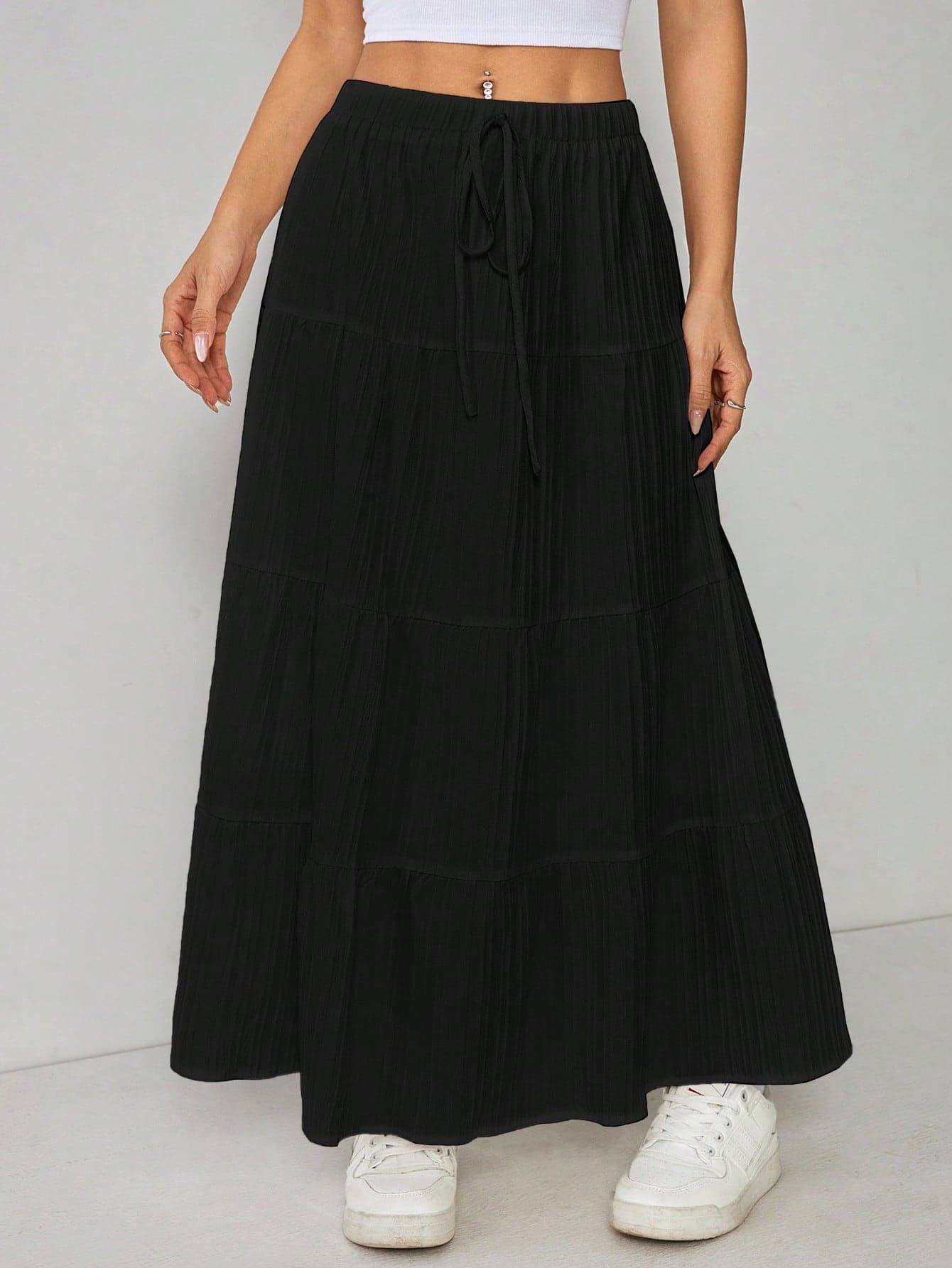 SHEIN PETITE Women Solid Color High Waist Tie Ruffled Hem Maxi Skirt ,Petite Women